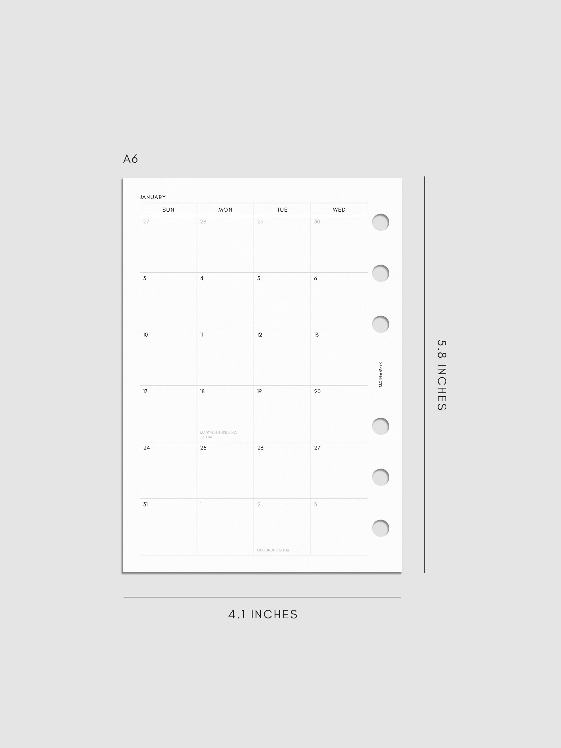 Left page of the 2027 Dated Monthly Sunday Start insert in A6 6-Ring Punch size, showing the dated calendar grid