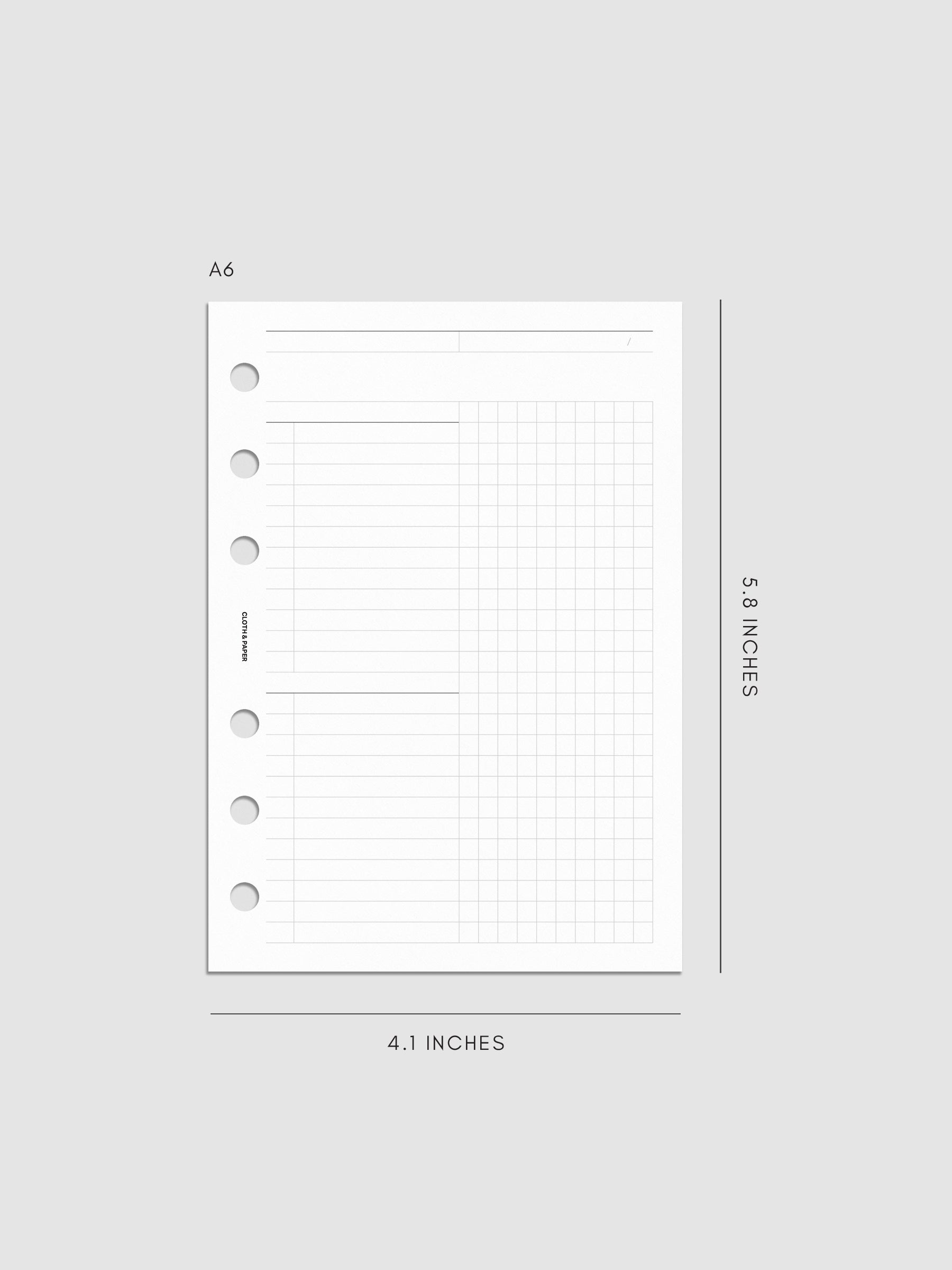 Daily Workflow Planner Inserts, A6 6-Ring Punch, right page showing large graph notes section