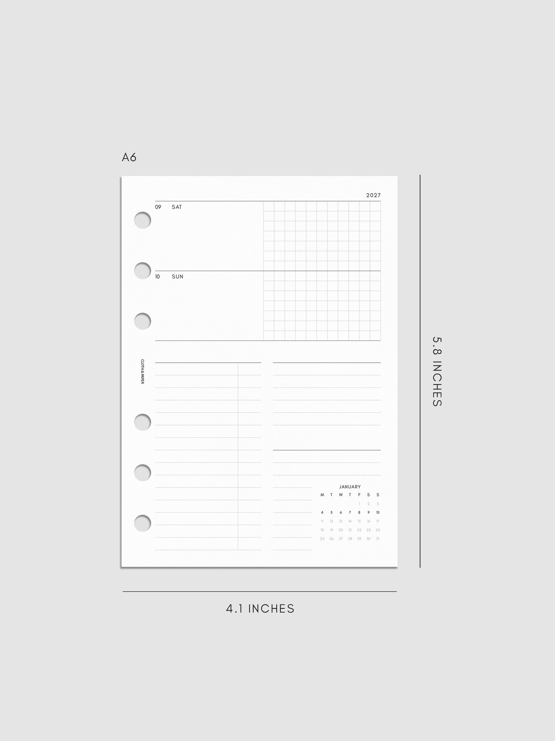 Mockup of the 2027 Dated Weekly Horizontal Planner Inserts | Monday Start's right page shown in size A6 6-Ring Punch.