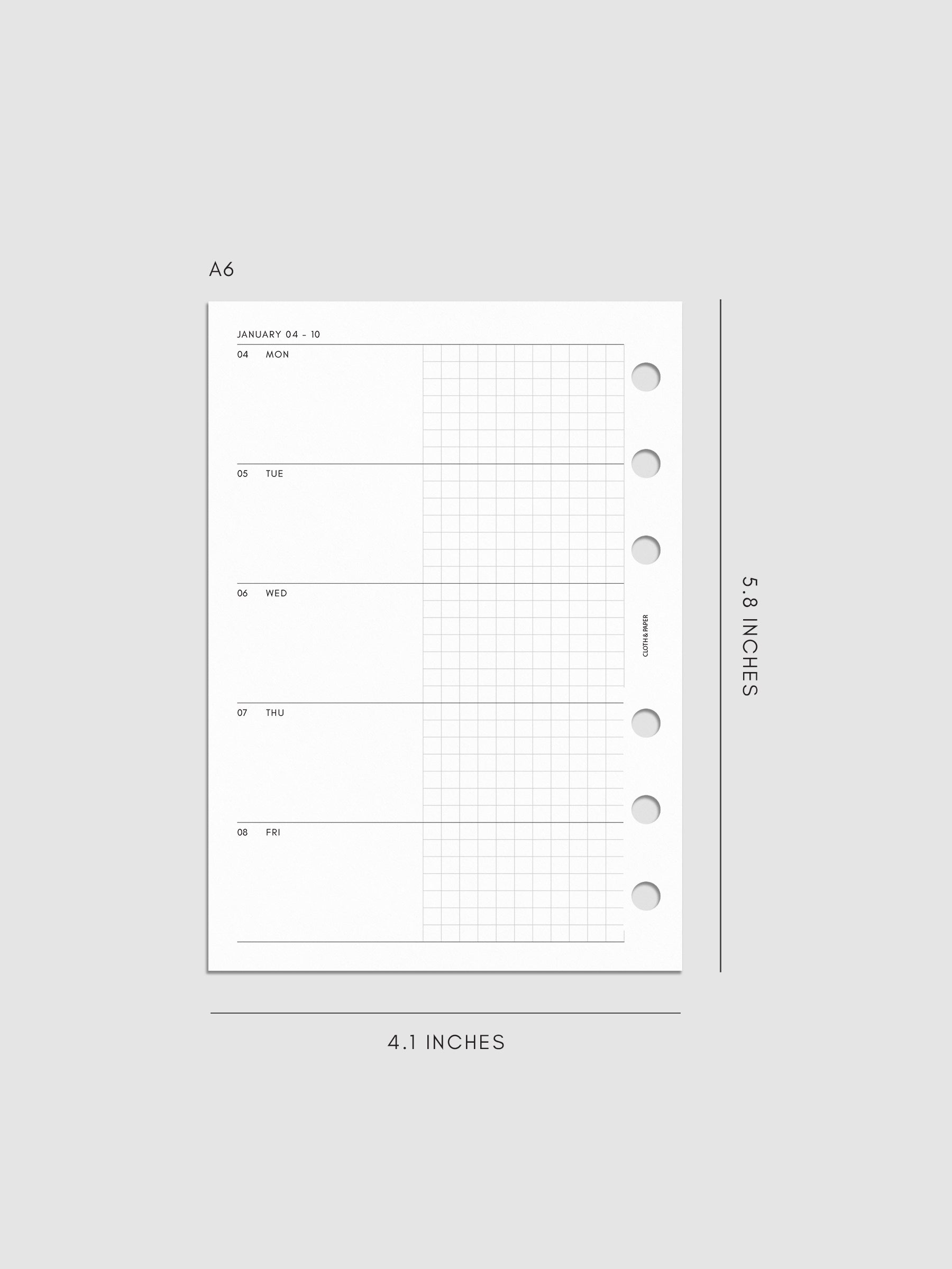 Mockup of the 2027 Dated Weekly Horizontal Planner Inserts | Monday Start's left page shown in size A6 6-Ring Punch.
