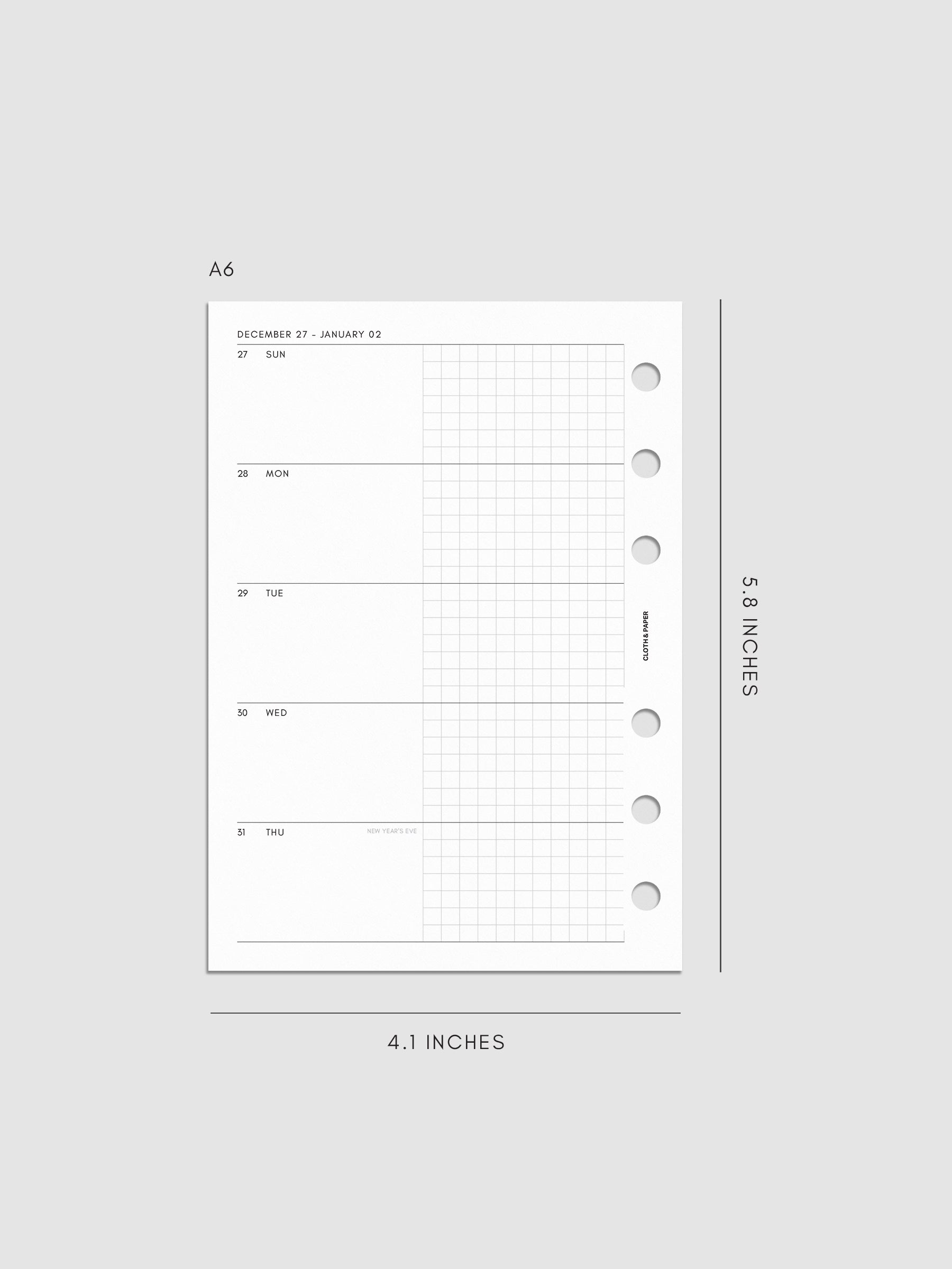 Mockup of the 2027 Dated Weekly Horizontal Planner Inserts | Sunday Start left page shown in size A6 6-Ring Punch