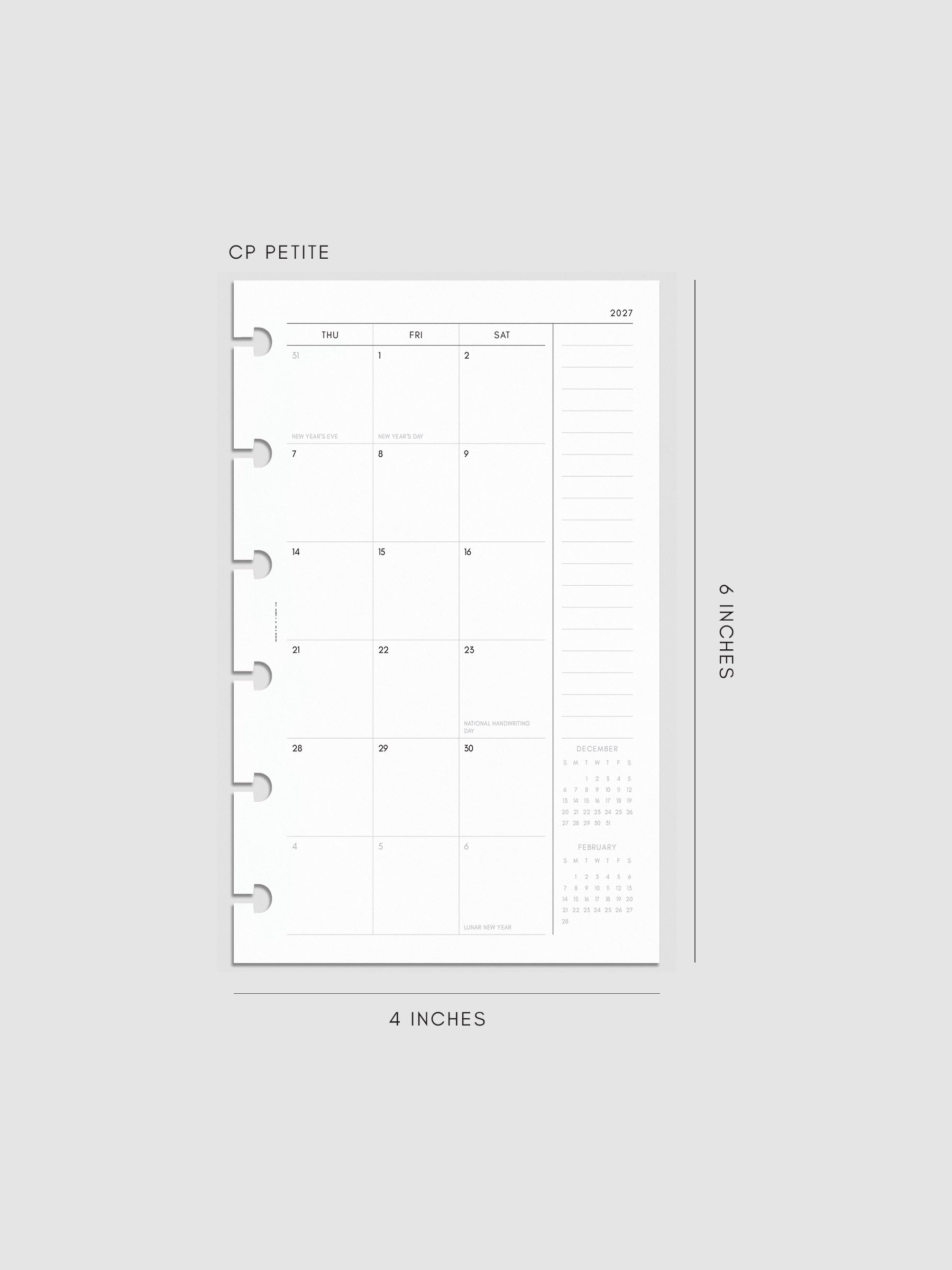 Right page of the 2027 Dated Monthly Sunday Start insert in CP Petite 6-Disc Punch size, showing the dated calendar grid with a notes column and mini calendars in the bottom right corner