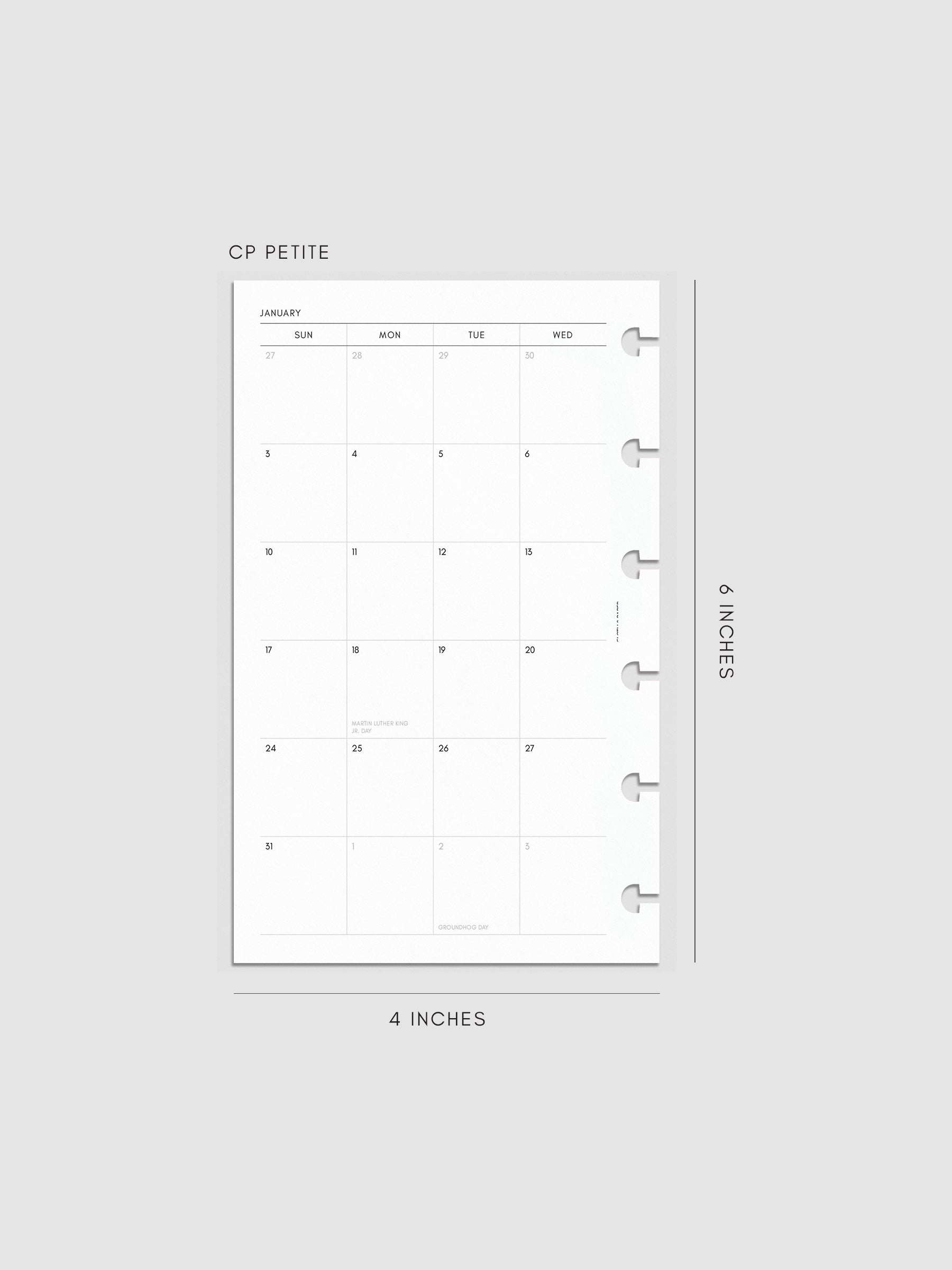 Left page of the 2027 Dated Monthly Sunday Start insert in CP Petite 6-Disc Punch size, showing the dated calendar grid