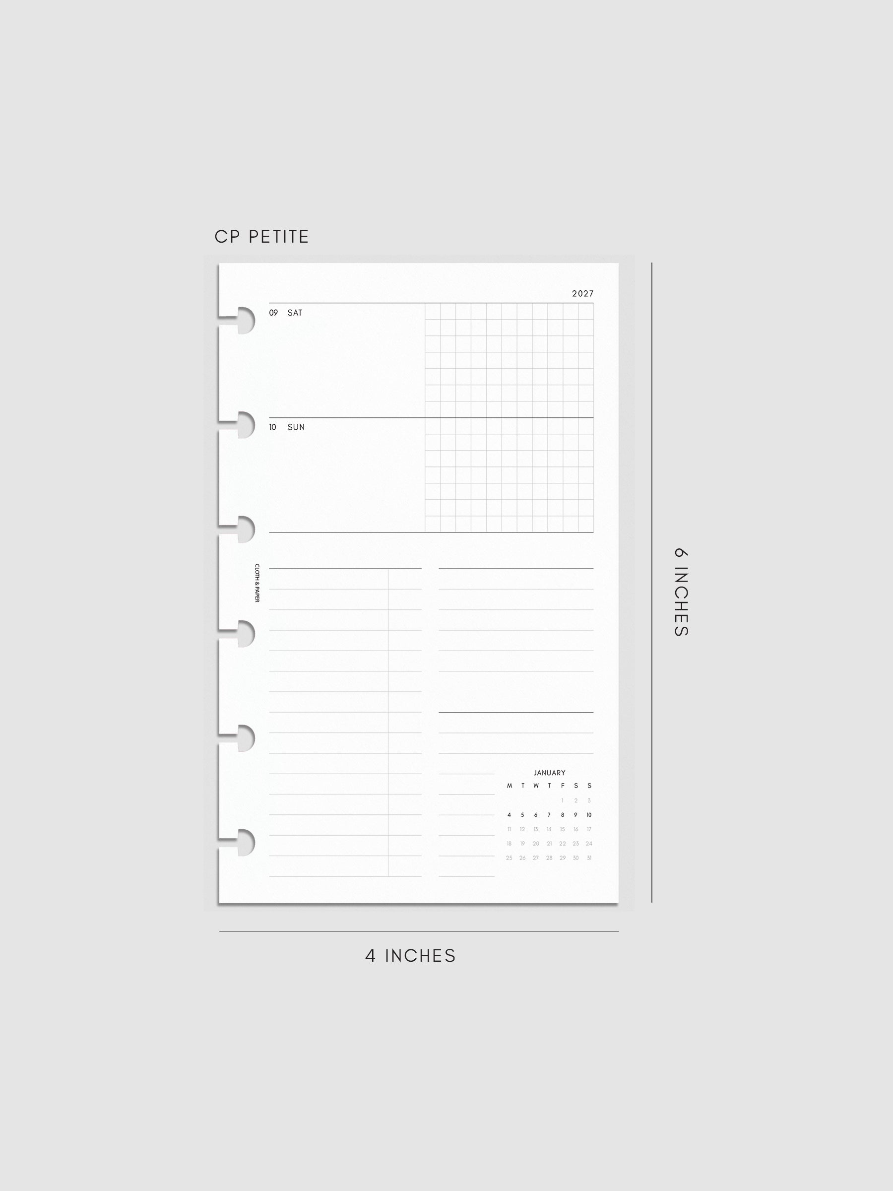Mockup of the 2027 Dated Weekly Horizontal Planner Inserts | Monday Start's right page shown in size CP Petite 6-Disc Punch.