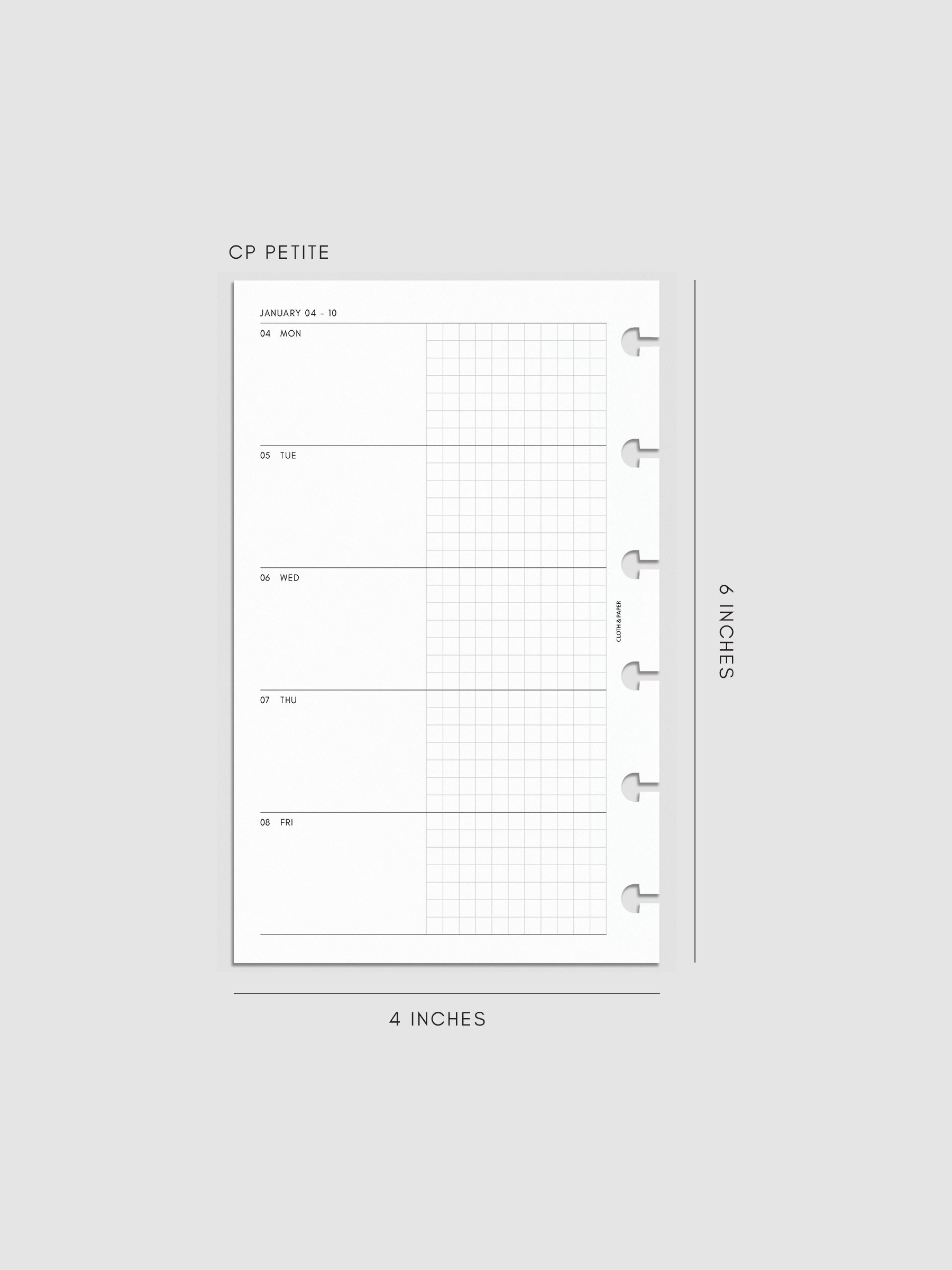 Mockup of the 2027 Dated Weekly Horizontal Planner Inserts | Monday Start's left page shown in size CP Petite 6-Disc Punch.