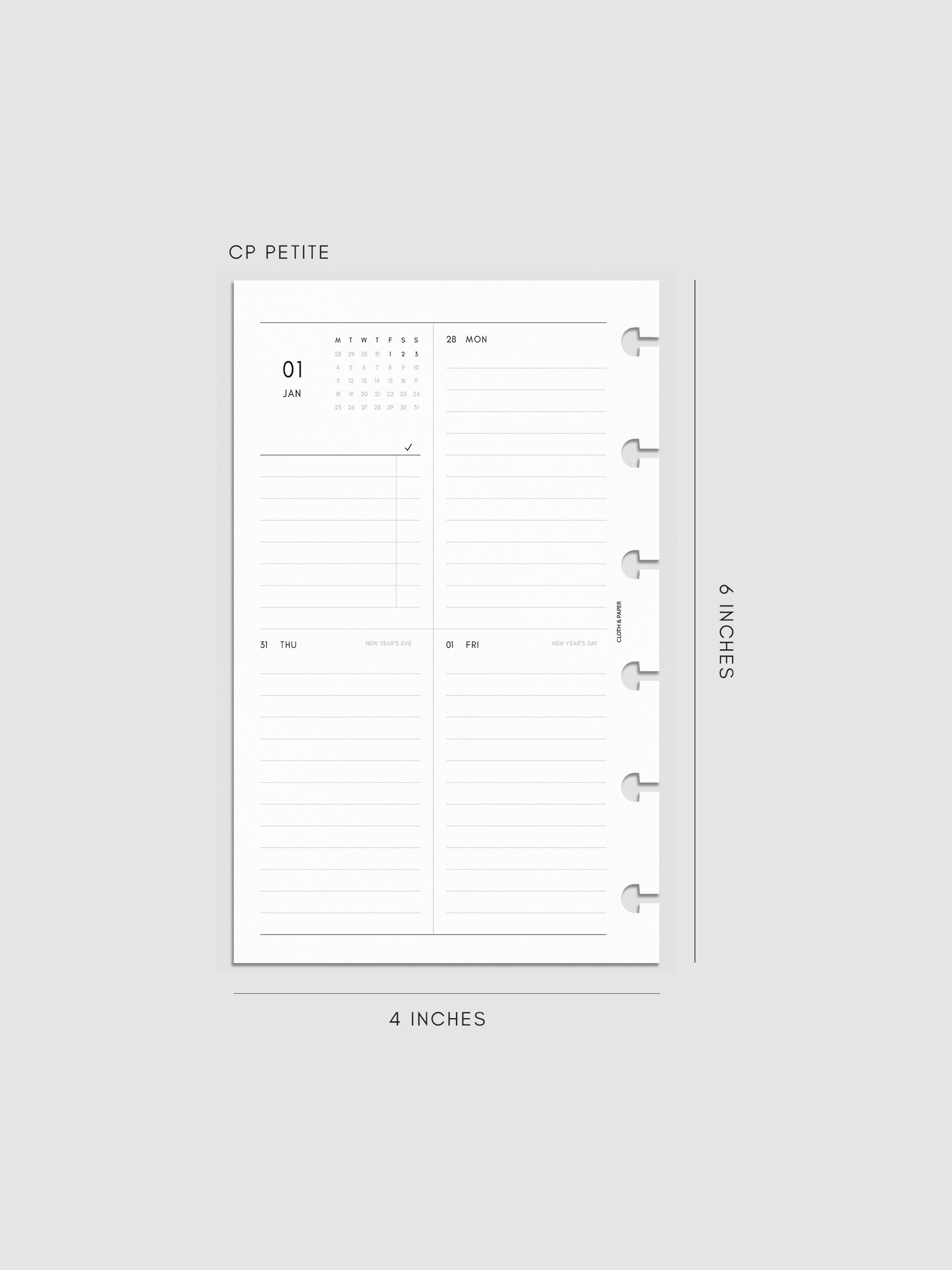 2027 Dated Weekly Vertical Planner Inserts, Monday Start, CP Petite 6-Disc Punch, left page of weekly spread showing a two-column two-row daily grid with mini monthly calendar and task list alongside Monday and lined sections throughout