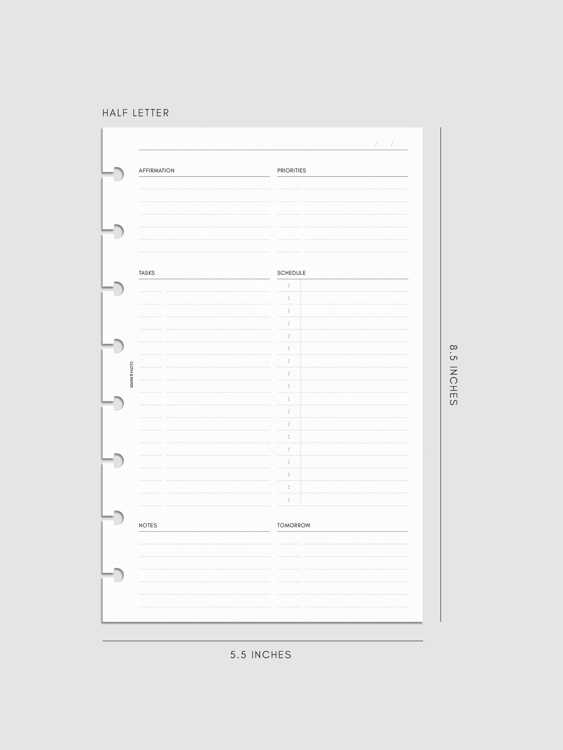 Daily Essentials Planner Inserts digital mockup in size Half Letter, pre-punched for discbound notebooks. Includes headers for affirmations, priorities, tasks, schedule, notes, and tomorrow.