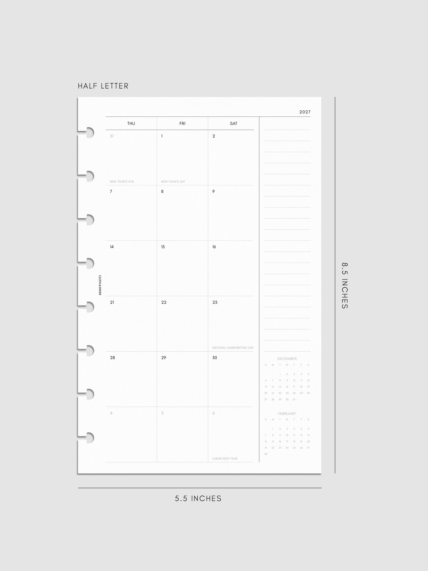 Right page of the 2027 Dated Monthly Sunday Start insert in Half Letter 8-Disc Punch size, showing the dated calendar grid with a notes column and mini calendars in the bottom right corner