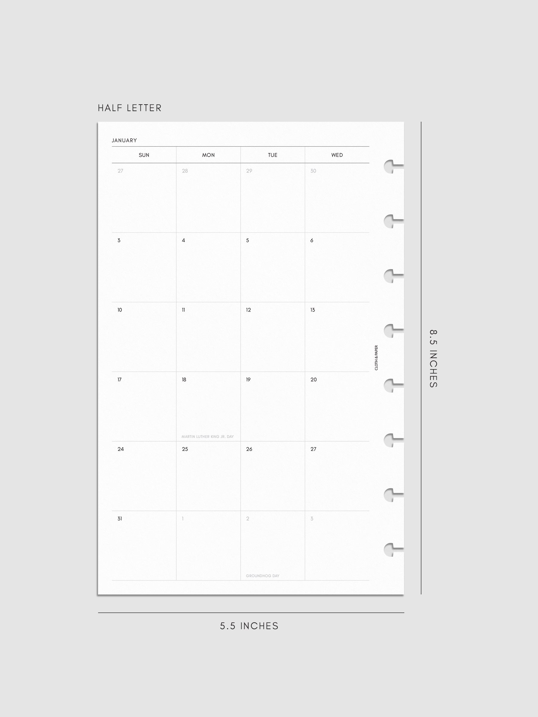 Left page of the 2027 Dated Monthly Sunday Start insert in Half Letter 8-Disc Punch size, showing the dated calendar grid