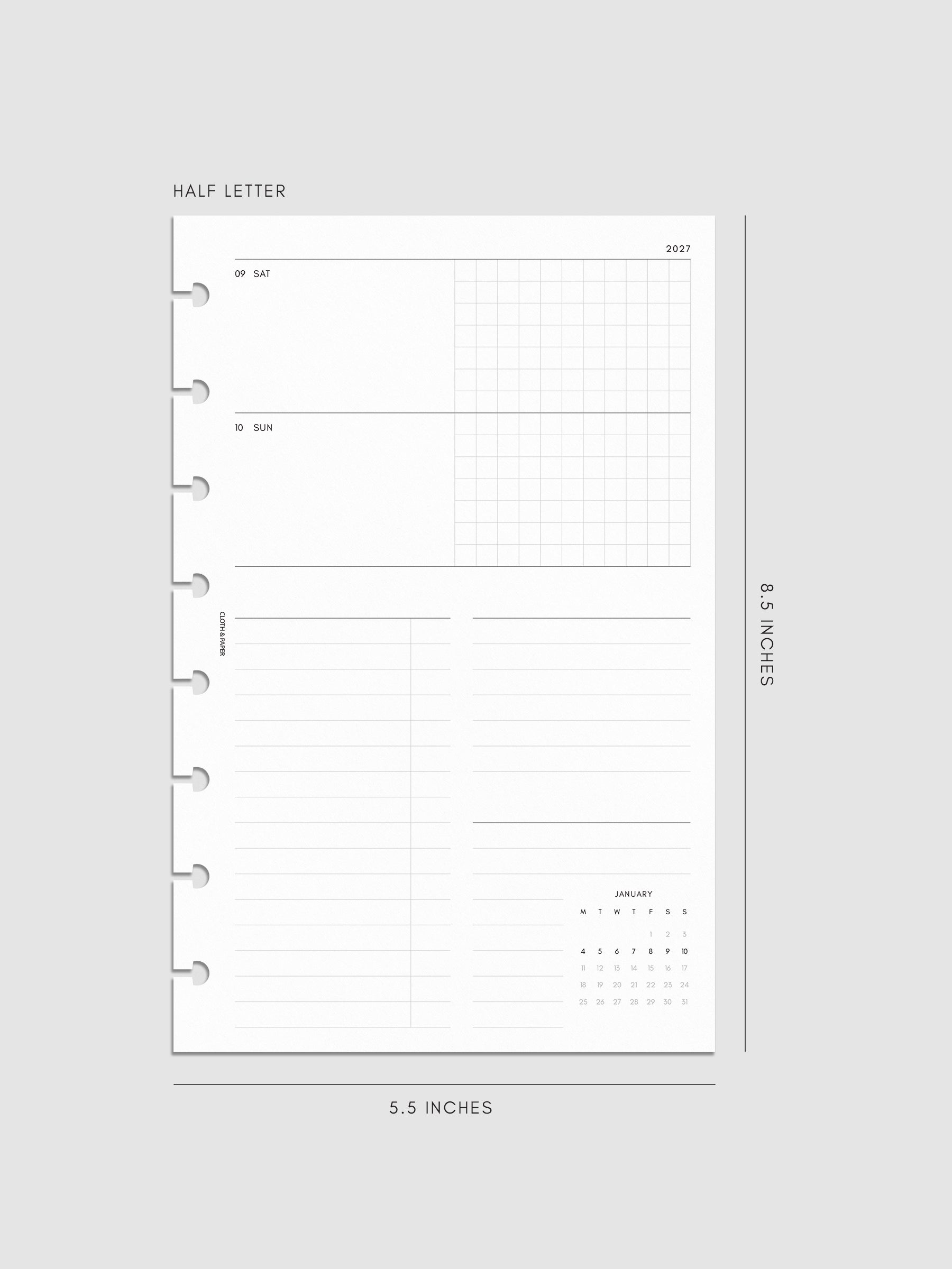 Mockup of the 2027 Dated Weekly Horizontal Planner Inserts | Monday Start's right page shown in size Half Letter 8-Disc Punch.