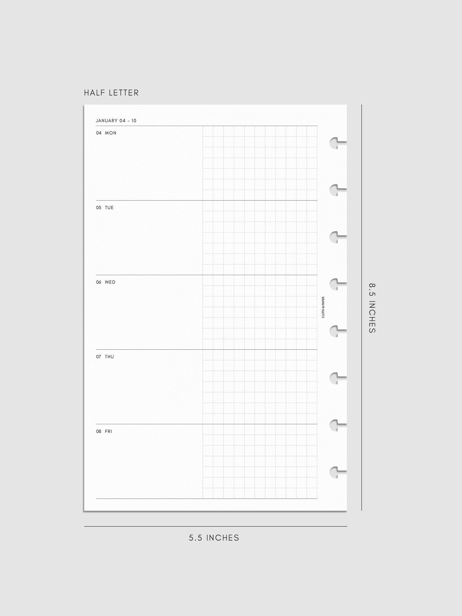 Mockup of the 2027 Dated Weekly Horizontal Planner Inserts | Monday Start's left page shown in size Half Letter 8-Disc Punch.