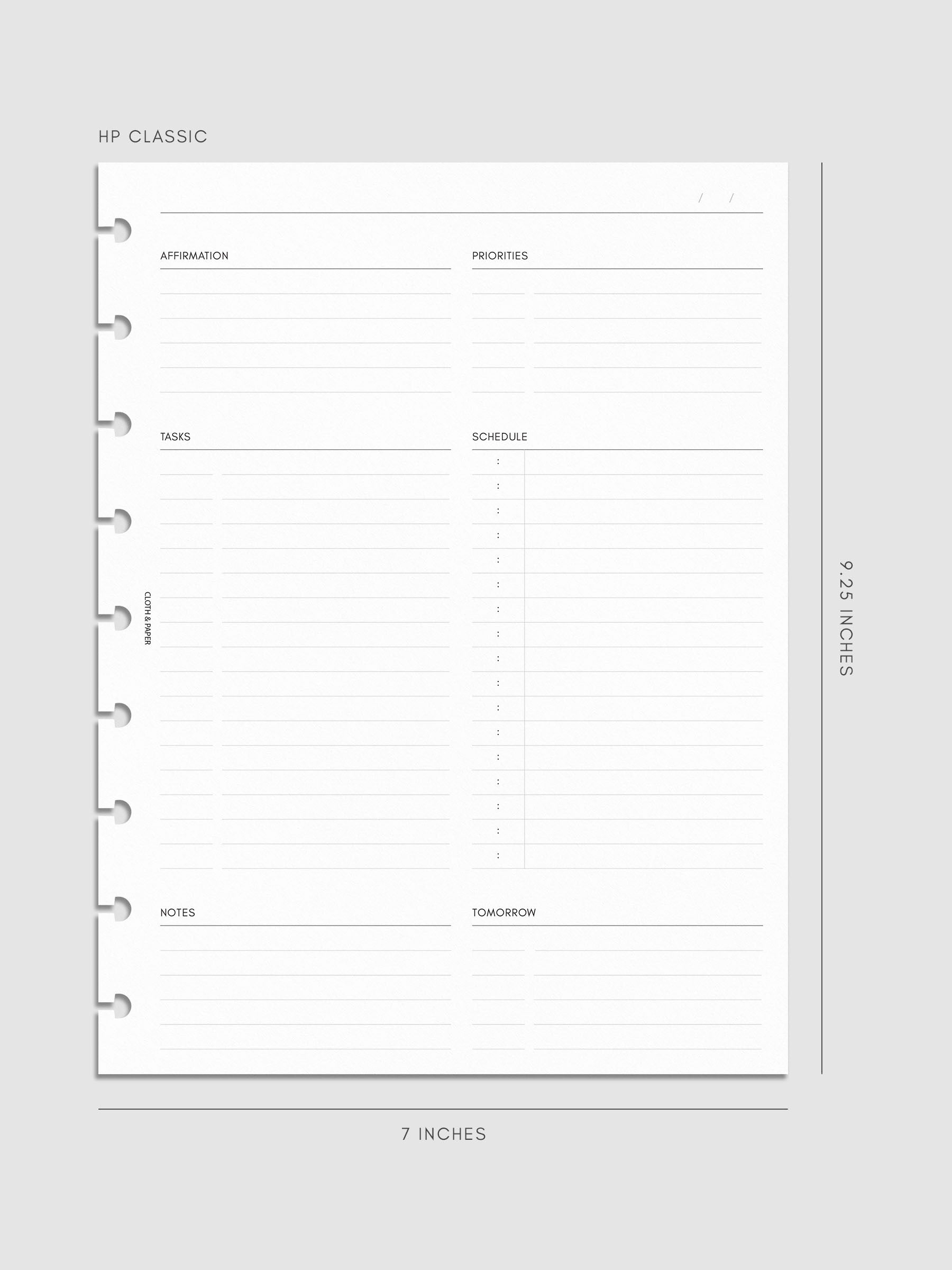 Daily Essentials Planner Inserts digital mockup in size HP Classic, pre-punched for discbound notebooks. Includes headers for affirmations, priorities, tasks, schedule, notes, and tomorrow.