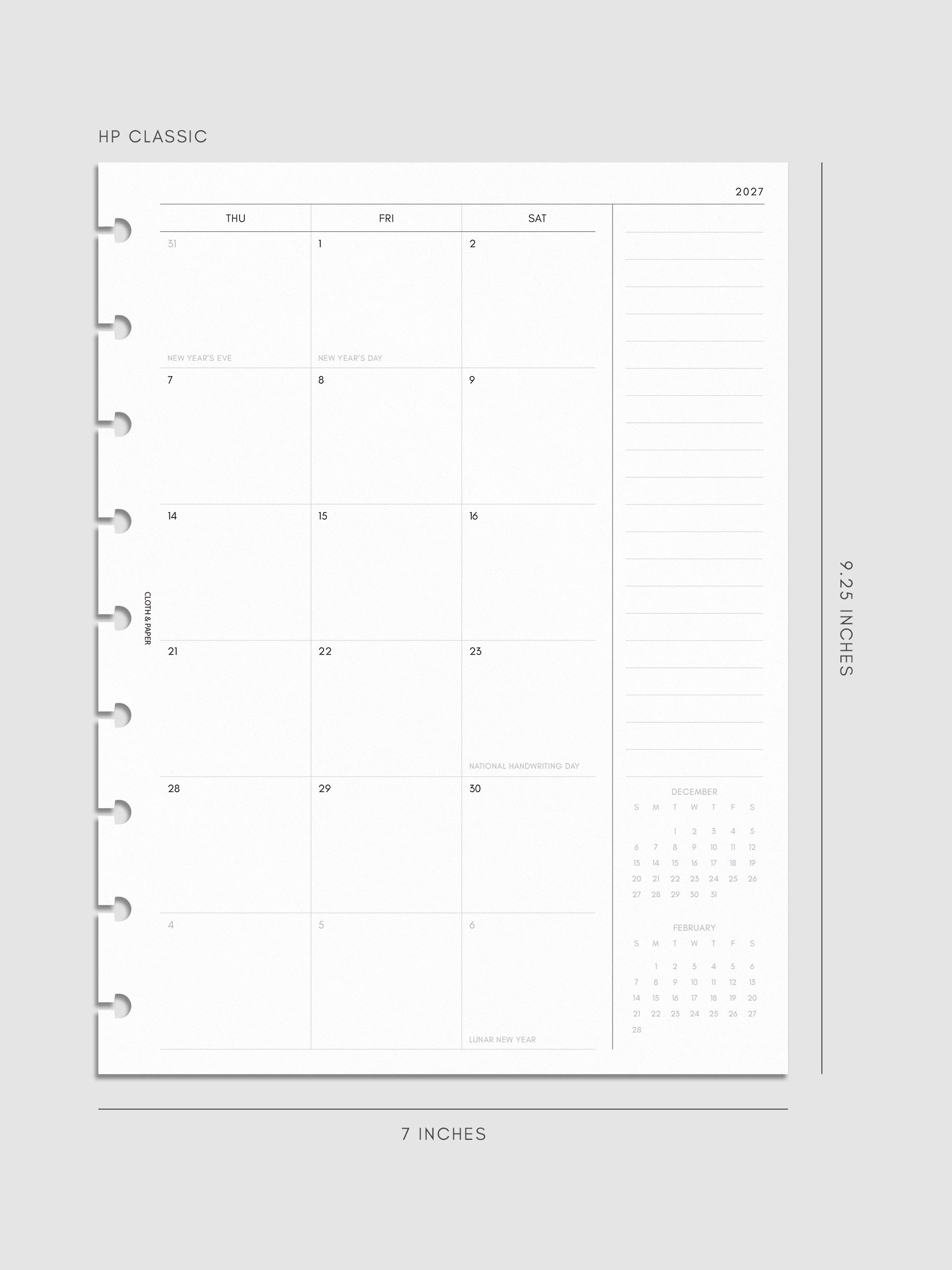 Right page of the 2027 Dated Monthly Sunday Start insert in HP Classic 9-Disc Punch size, showing the dated calendar grid with a notes column and mini calendars in the bottom right corner