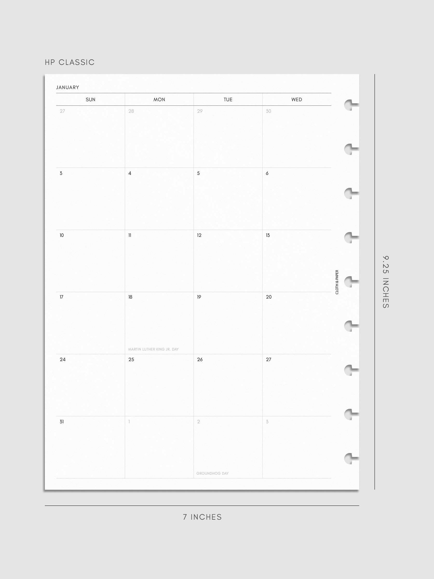 Left page of the 2027 Dated Monthly Sunday Start insert in HP Classic 9-Disc Punch size, showing the dated calendar grid