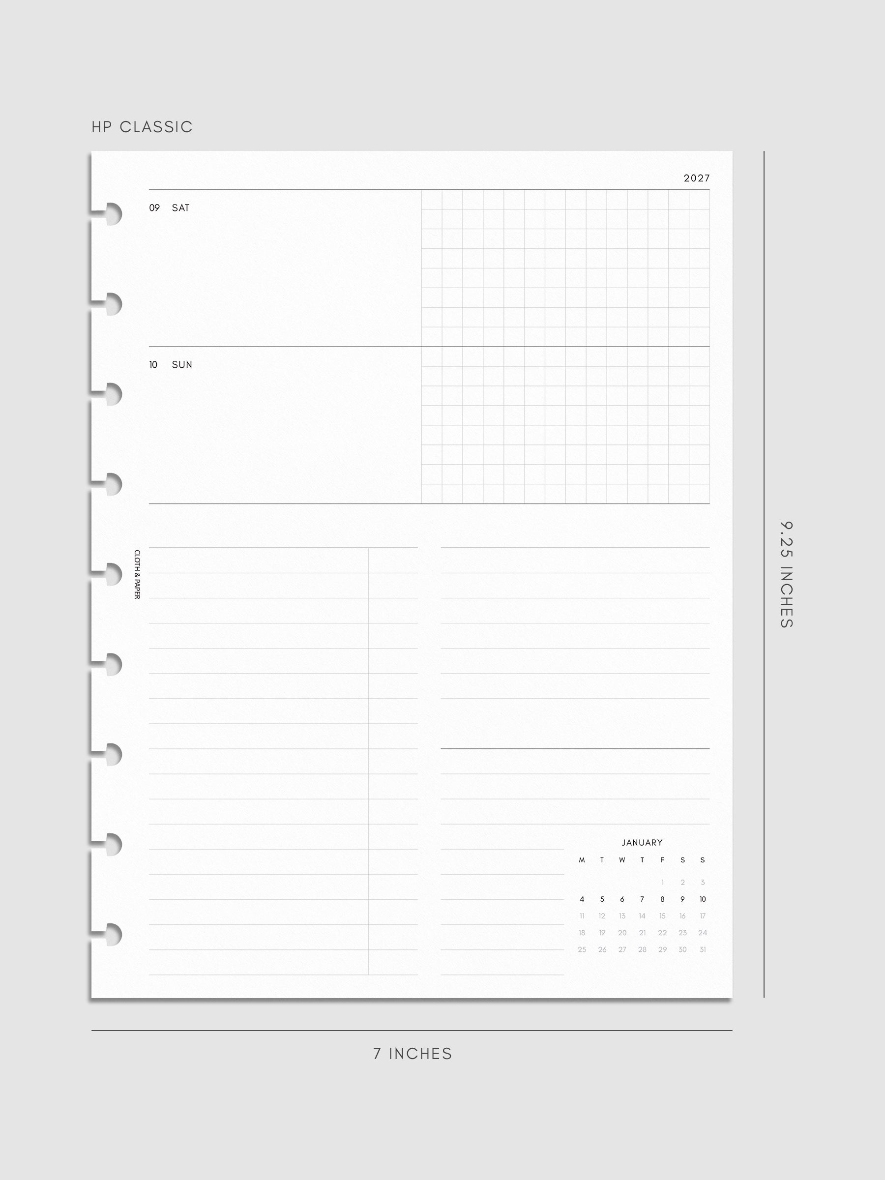 Mockup of the 2027 Dated Weekly Horizontal Planner Inserts | Monday Start's right page shown in size HP Classic 9-Disc Punch.