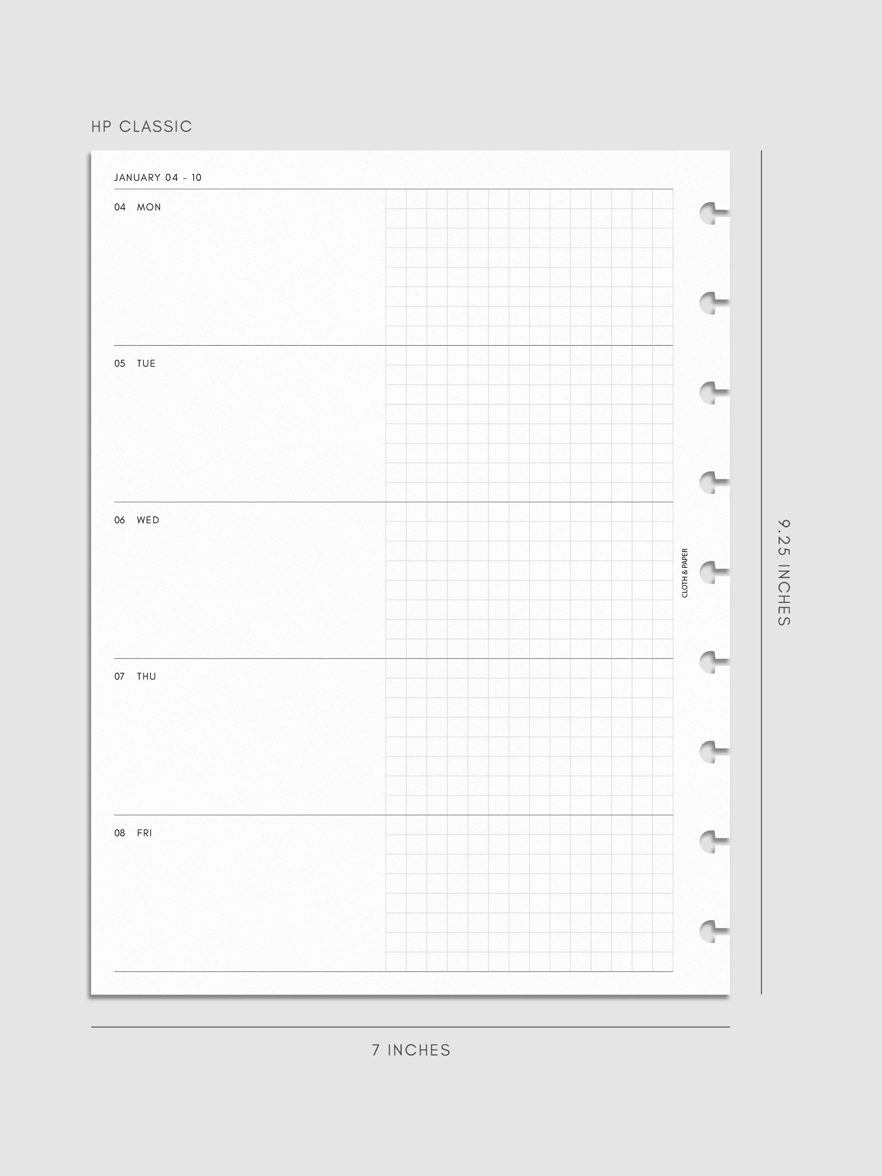 Mockup of the 2027 Dated Weekly Horizontal Planner Inserts | Monday Start's left page shown in size HP Classic 9-Disc Punch.