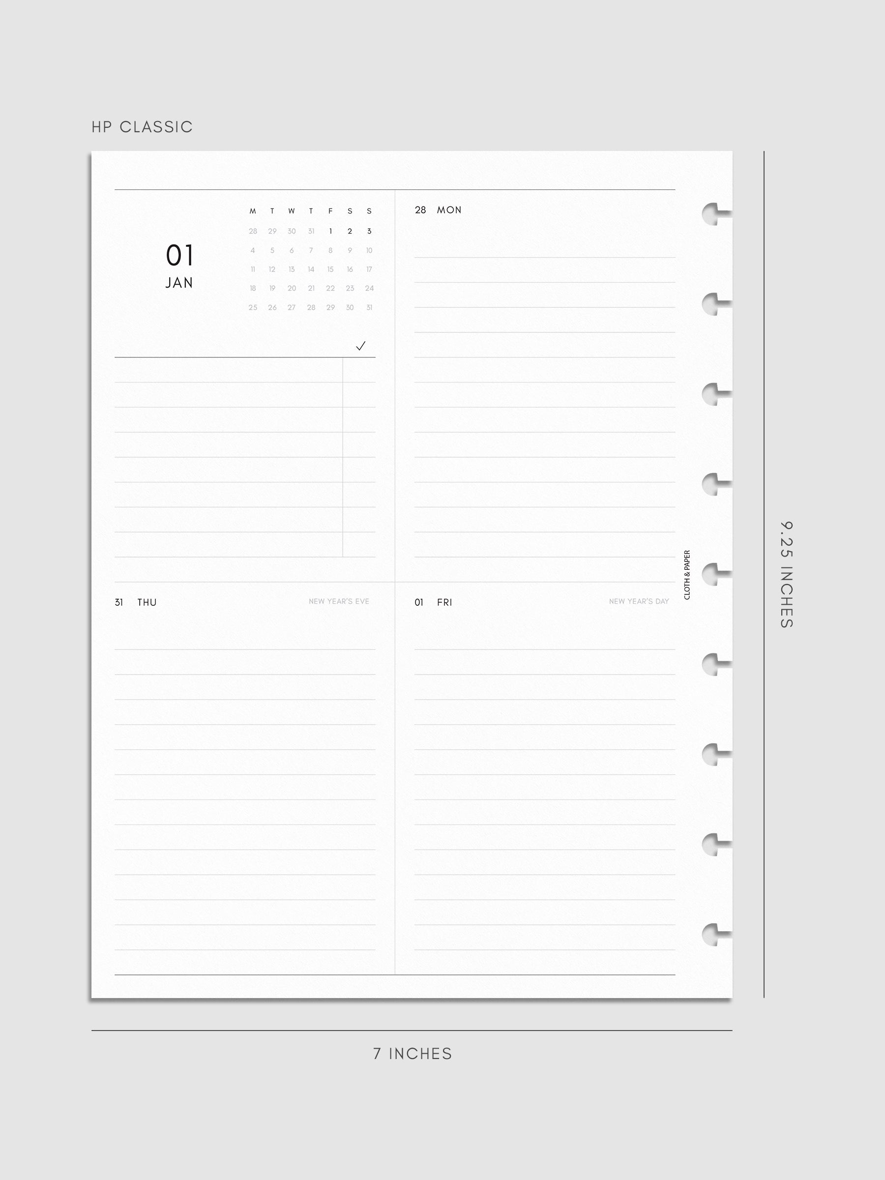 2027 Dated Weekly Vertical Planner Inserts, Monday Start, HP Classic 9-Disc Punch, left page of weekly spread showing a two-column two-row daily grid with mini monthly calendar and task list alongside Monday and lined sections throughout