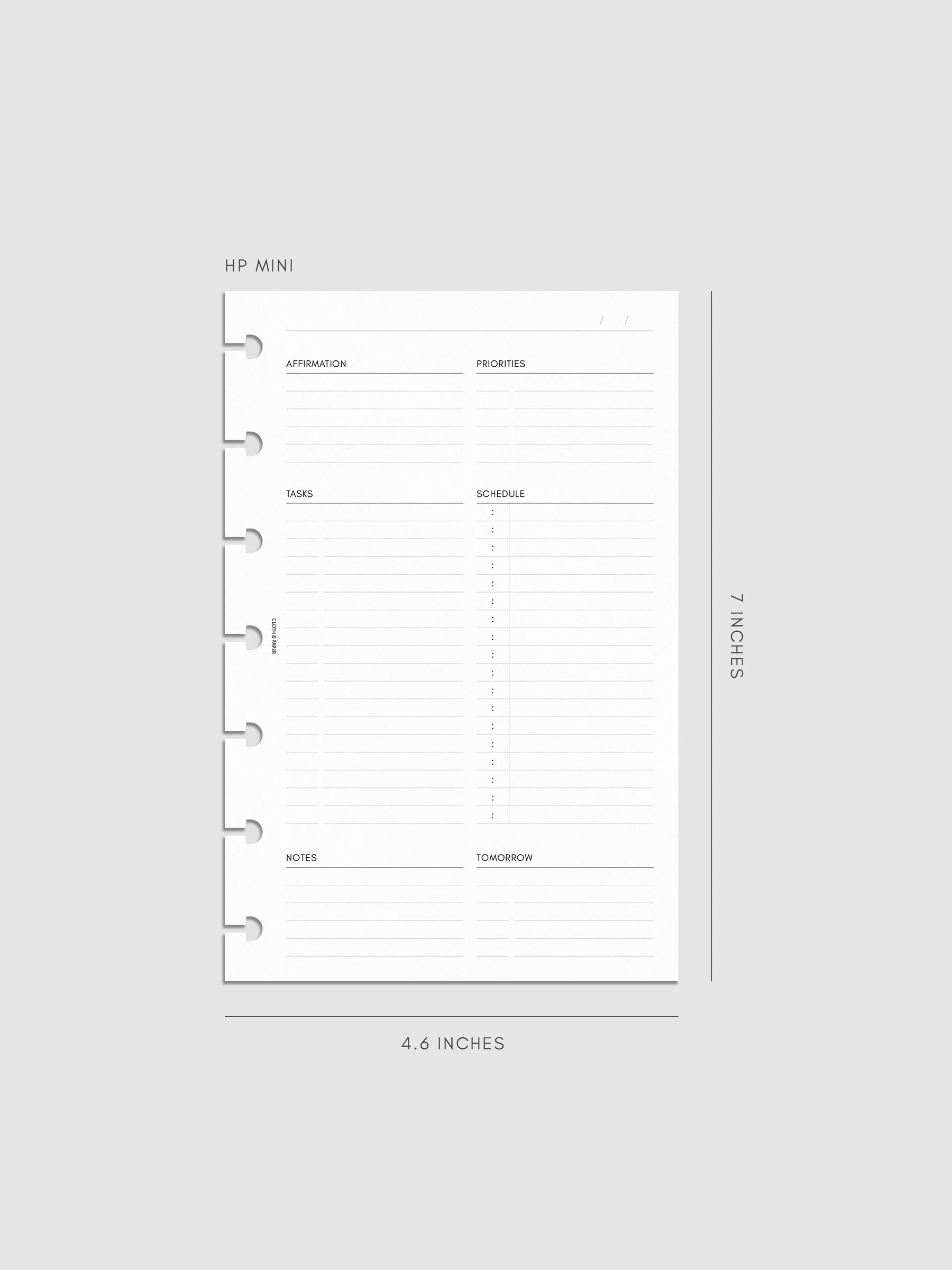 Daily Essentials Planner Inserts digital mockup in size HP Mini, pre-punched for discbound notebooks. Includes headers for affirmations, priorities, tasks, schedule, notes, and tomorrow.