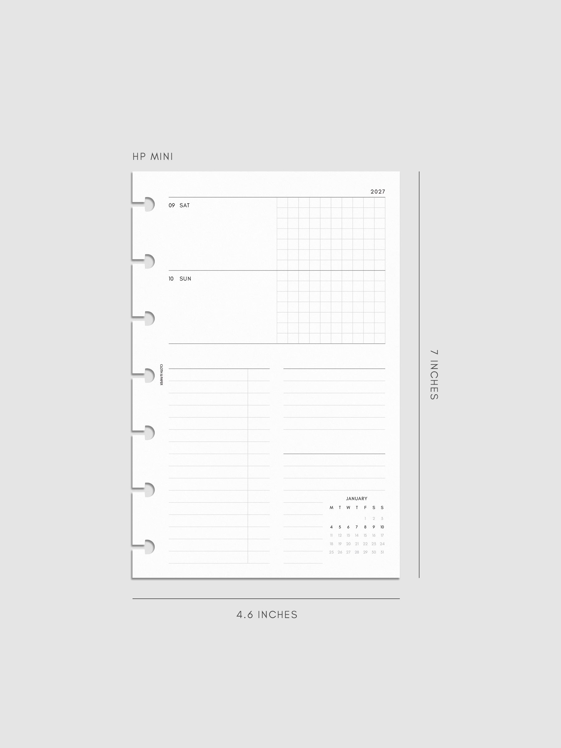 Mockup of the 2027 Dated Weekly Horizontal Planner Inserts | Monday Start's right page shown in size HP Mini 7-Disc Punch.
