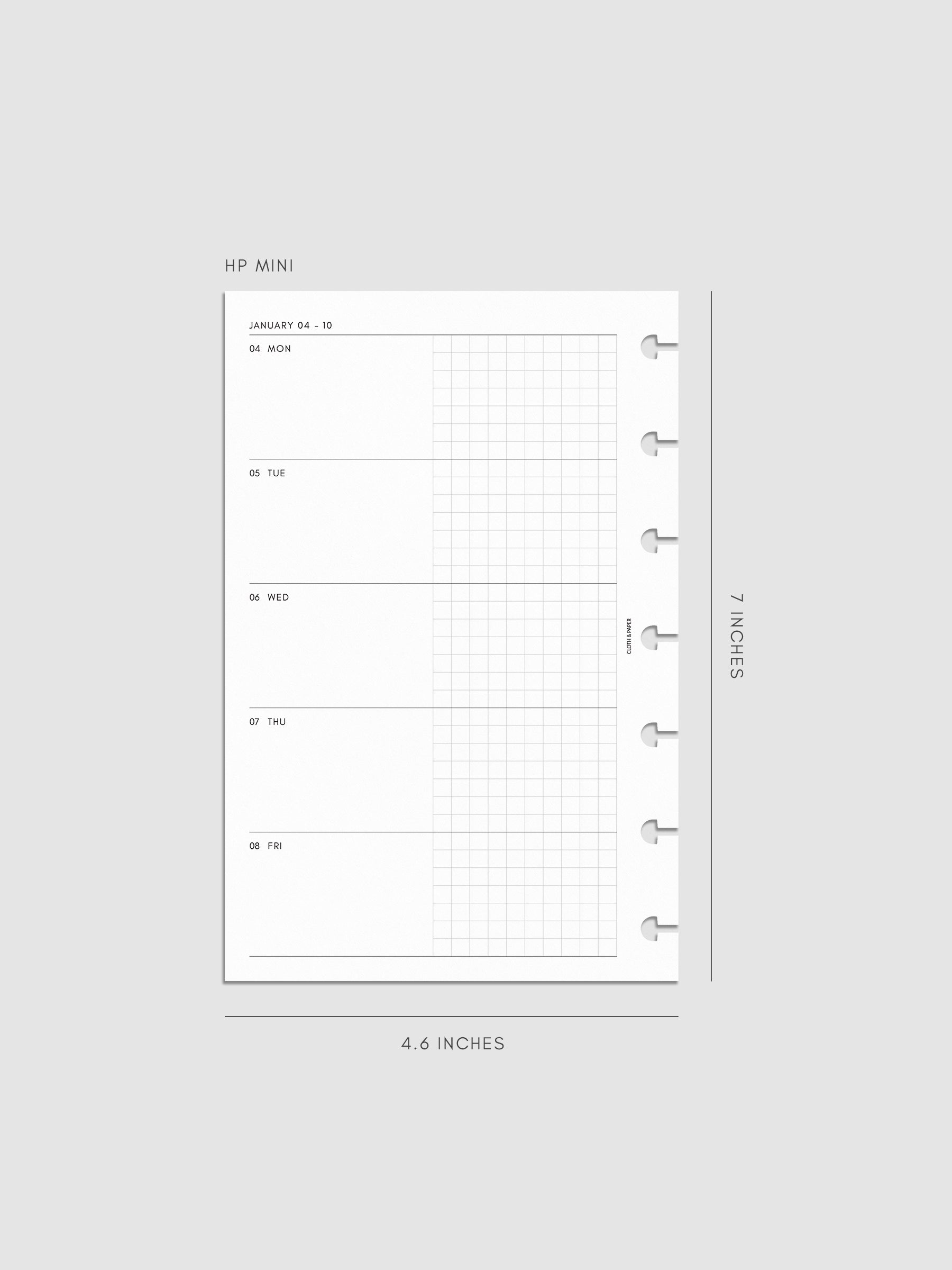 Mockup of the 2027 Dated Weekly Horizontal Planner Inserts | Monday Start's left page shown in size HP Mini 7-Disc Punch.