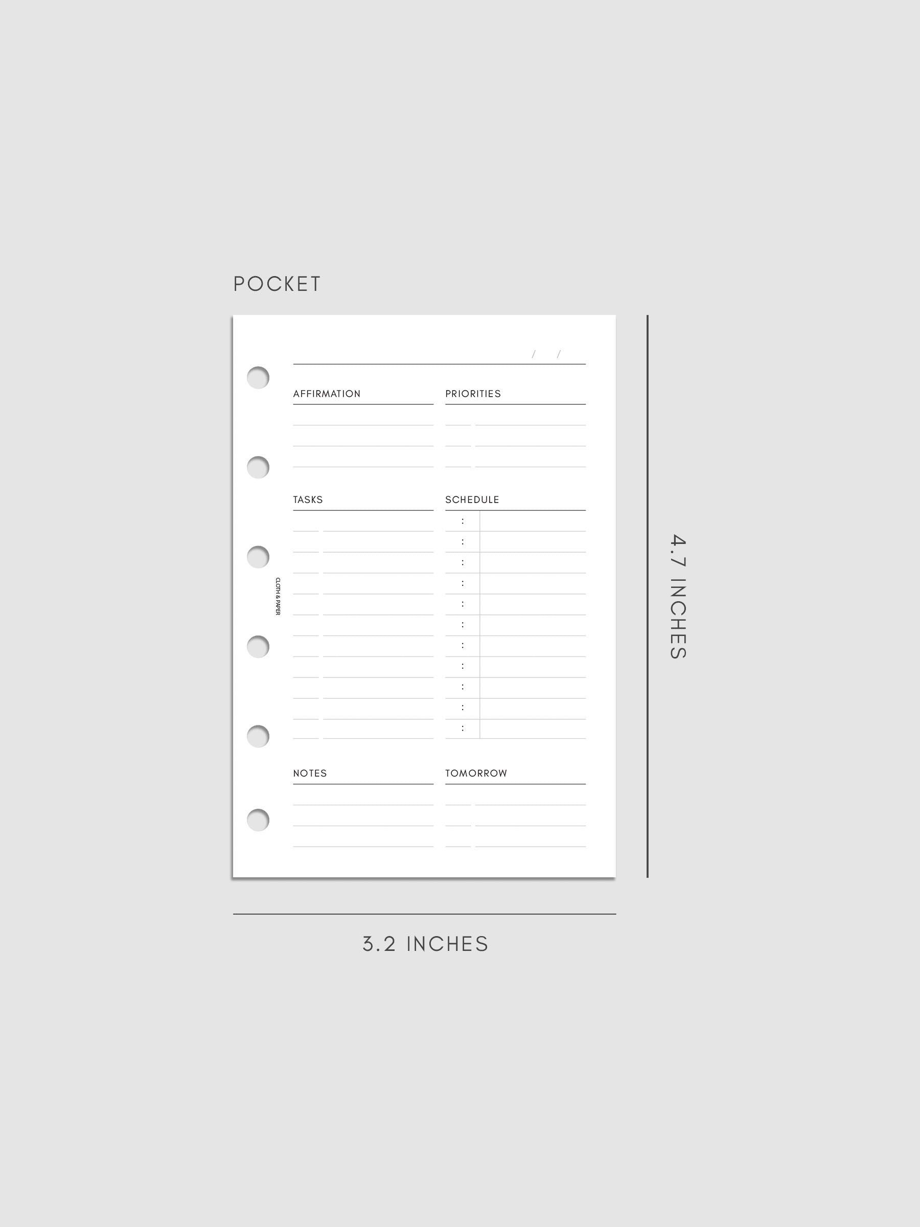 Daily Essentials Planner Inserts digital mockup in size Pocket, pre-punched for 6-ring binders. Includes headers for affirmations, priorities, tasks, schedule, notes, and tomorrow.