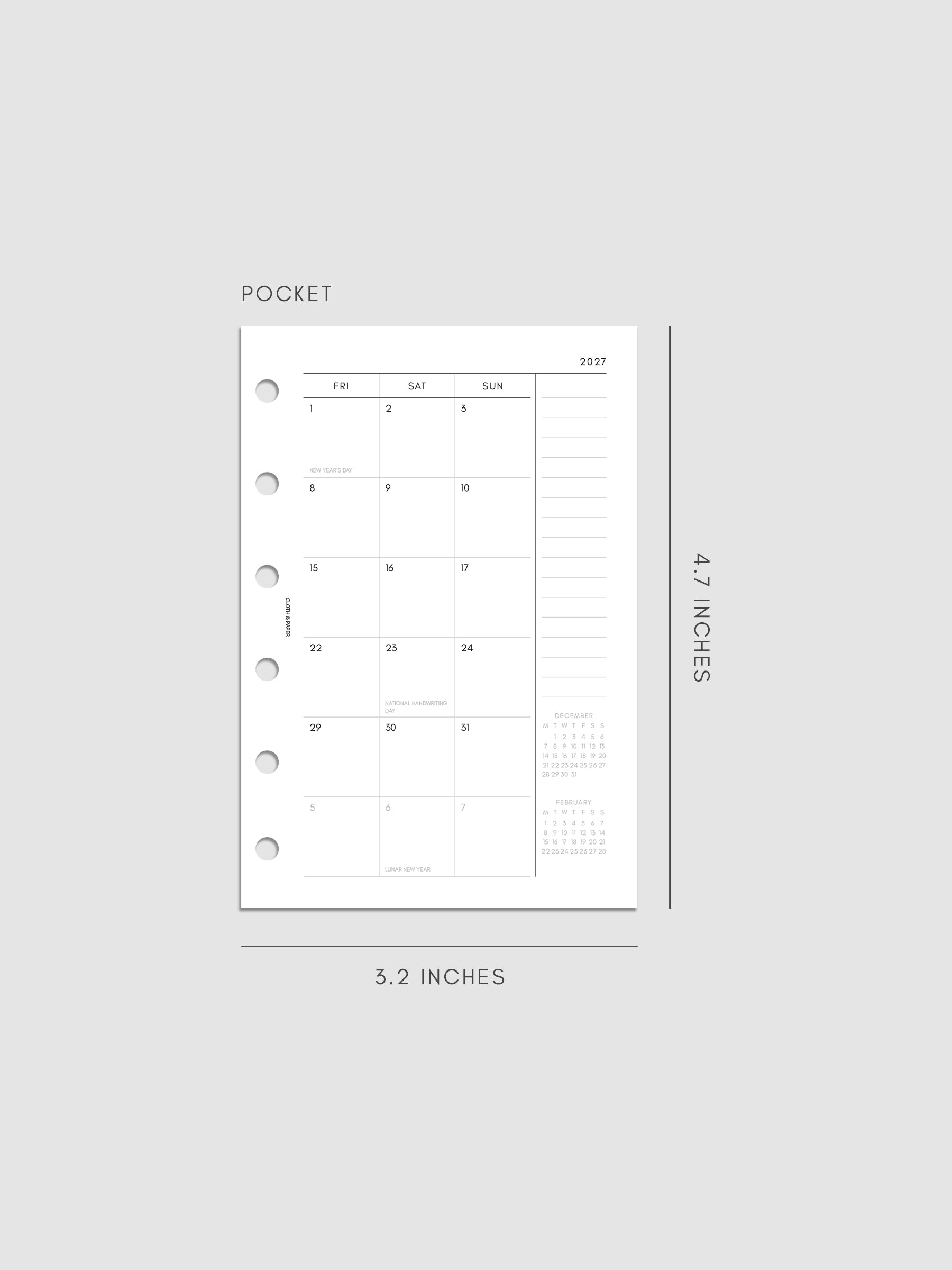 2027 Dated Monthly Planner Inserts, Monday Start, Pocket 6-Ring Punch, right page of two-page monthly calendar spread with notes column and mini calendars in the bottom right corner shown inside a planner