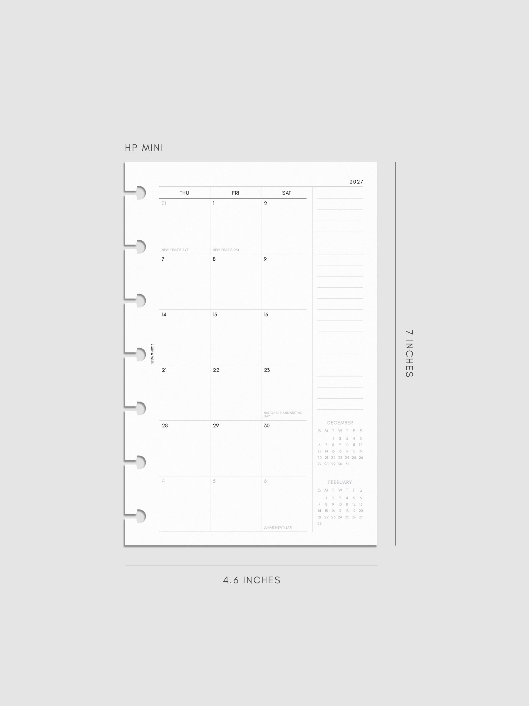 Right page of the 2027 Dated Monthly Sunday Start insert in HP Mini 7-Disc Punch size, showing the dated calendar grid with a notes column and mini calendars in the bottom right corner