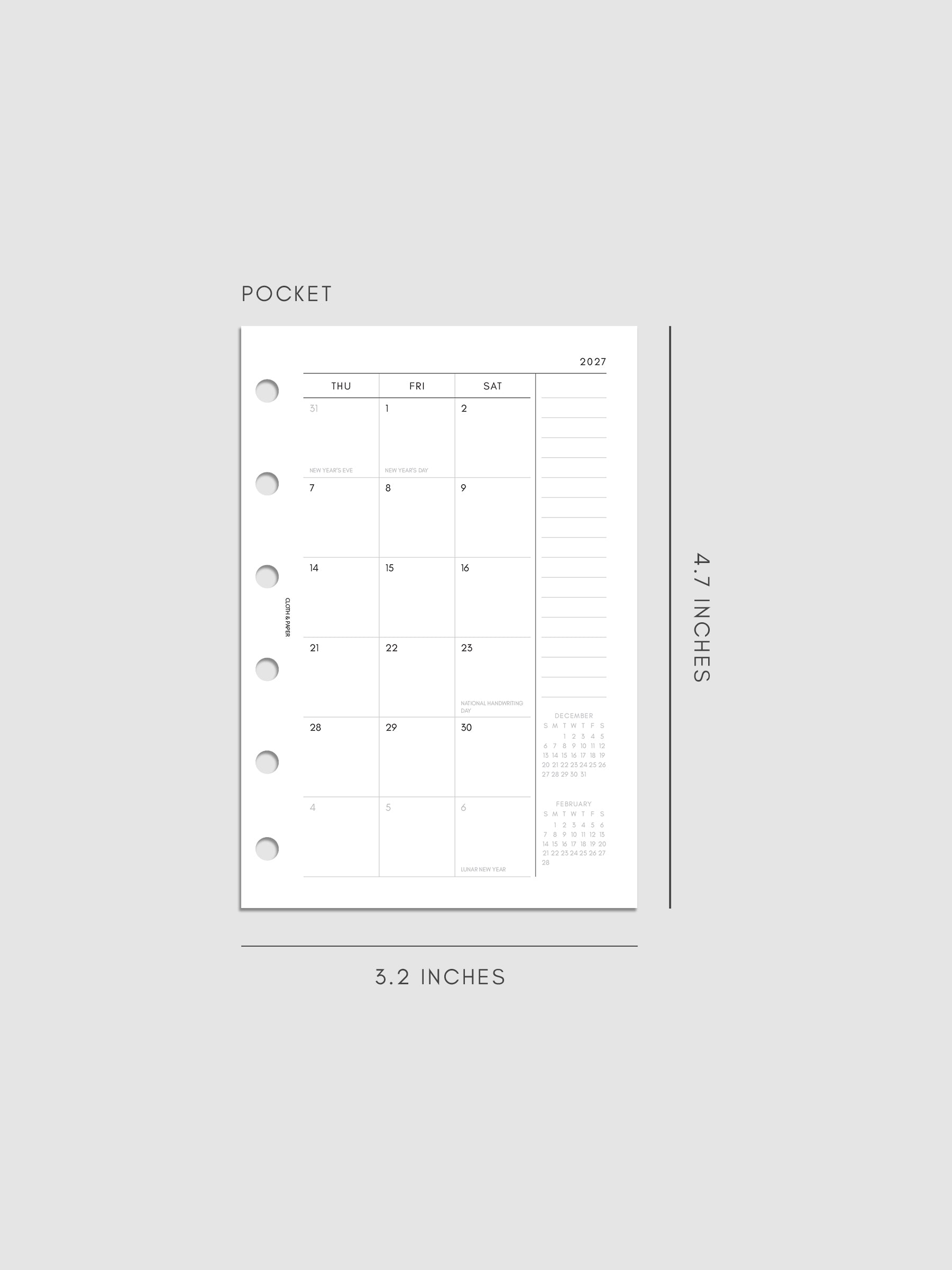 Right page of the 2027 Dated Monthly Sunday Start insert in Pocket 6-Ring Punch size, showing the dated calendar grid with a notes column and mini calendars in the bottom right corner