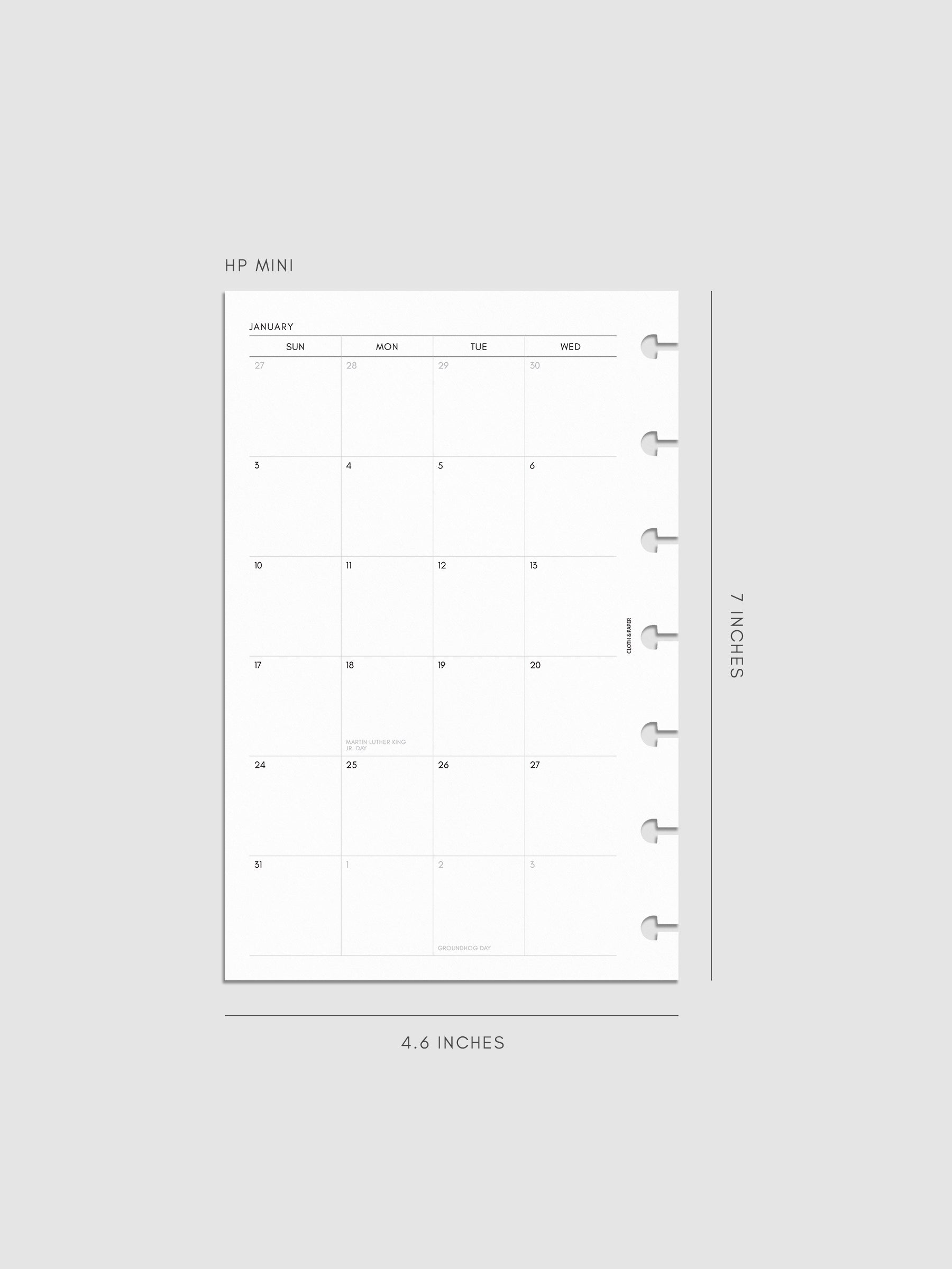 Left page of the 2027 Dated Monthly Sunday Start insert in HP Mini 7-Disc Punch size, showing the dated calendar grid