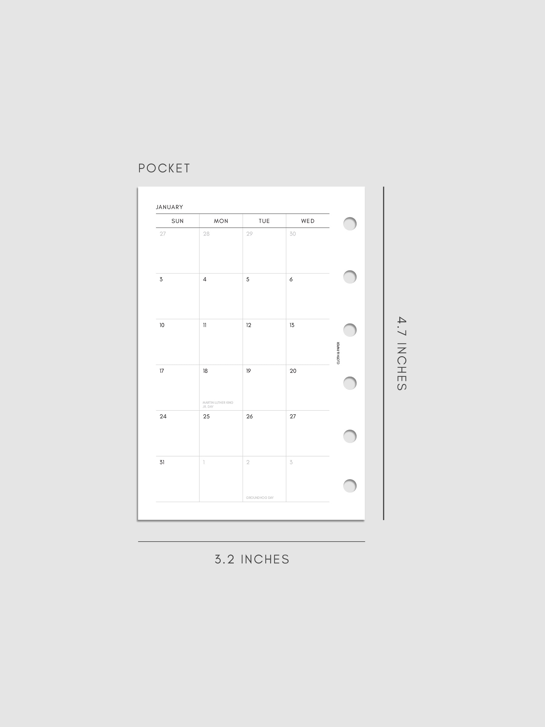 Left page of the 2027 Dated Monthly Sunday Start insert in Pocket 6-Ring Punch size, showing the dated calendar grid