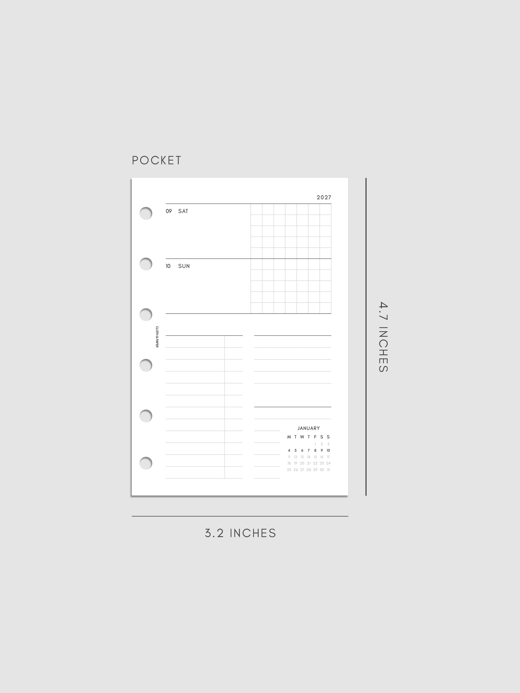 Mockup of the 2027 Dated Weekly Horizontal Planner Inserts | Monday Start's right page shown in size Pocket 6-Ring Punch.