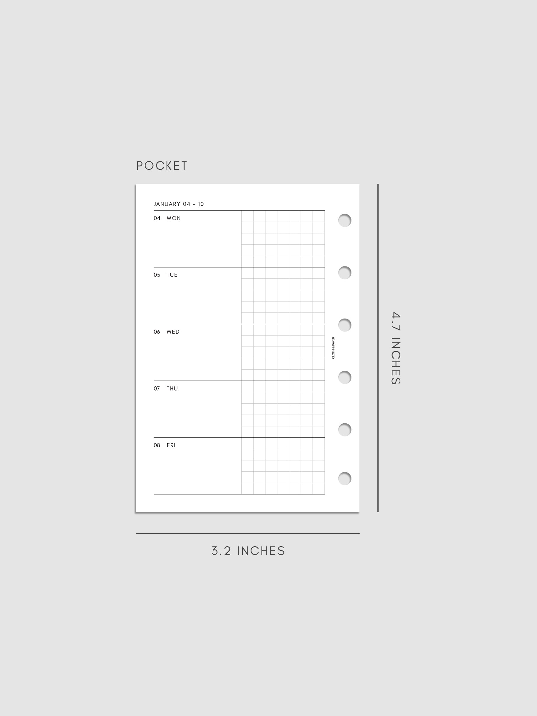 Mockup of the 2027 Dated Weekly Horizontal Planner Inserts | Monday Start's left page shown in size Pocket 6-Ring Punch.