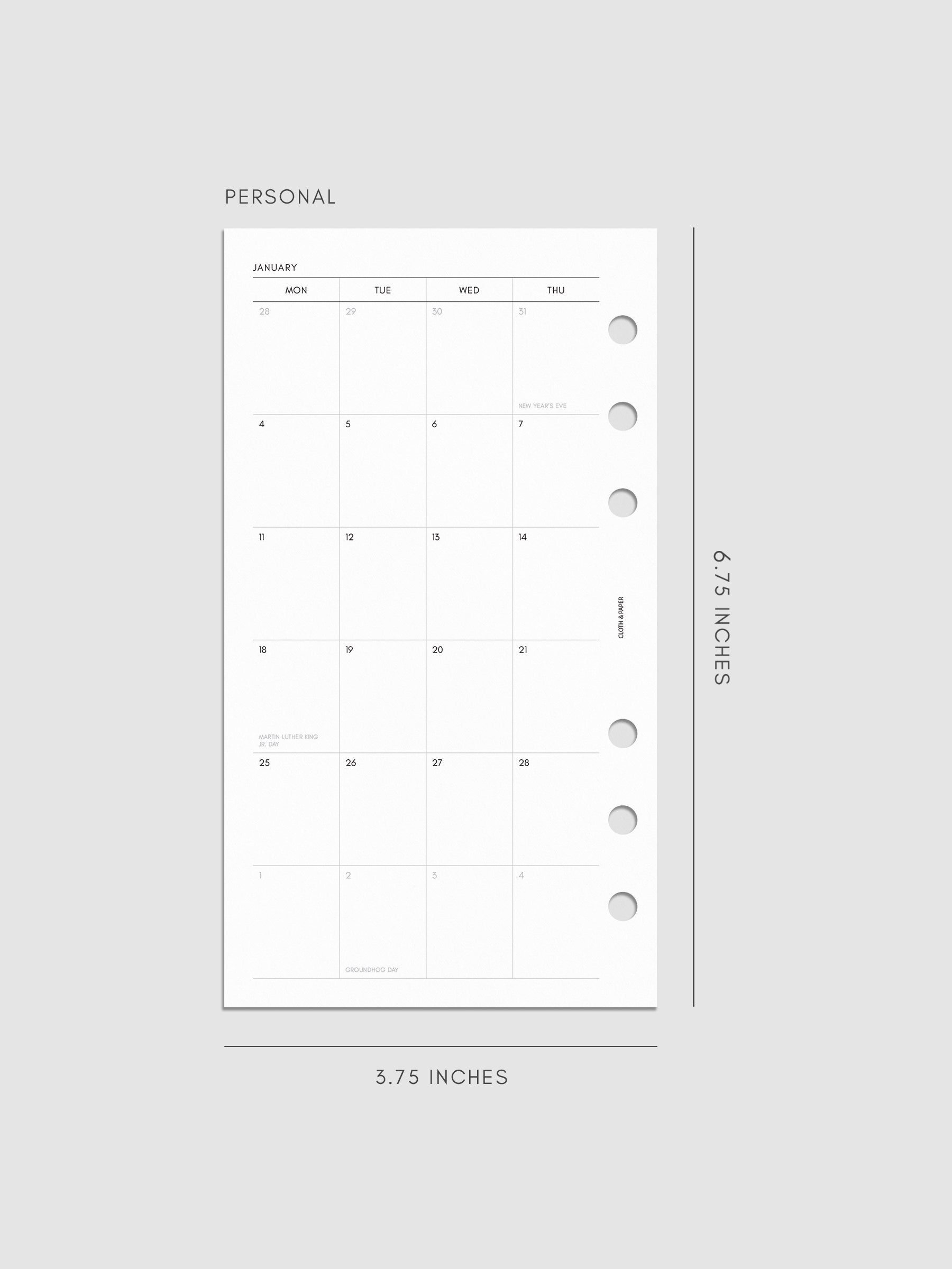 2027 Dated Monthly Planner Inserts, Monday Start, Personal 6-Ring Punch, left page of two-page monthly calendar spread with Monday start shown inside a planner