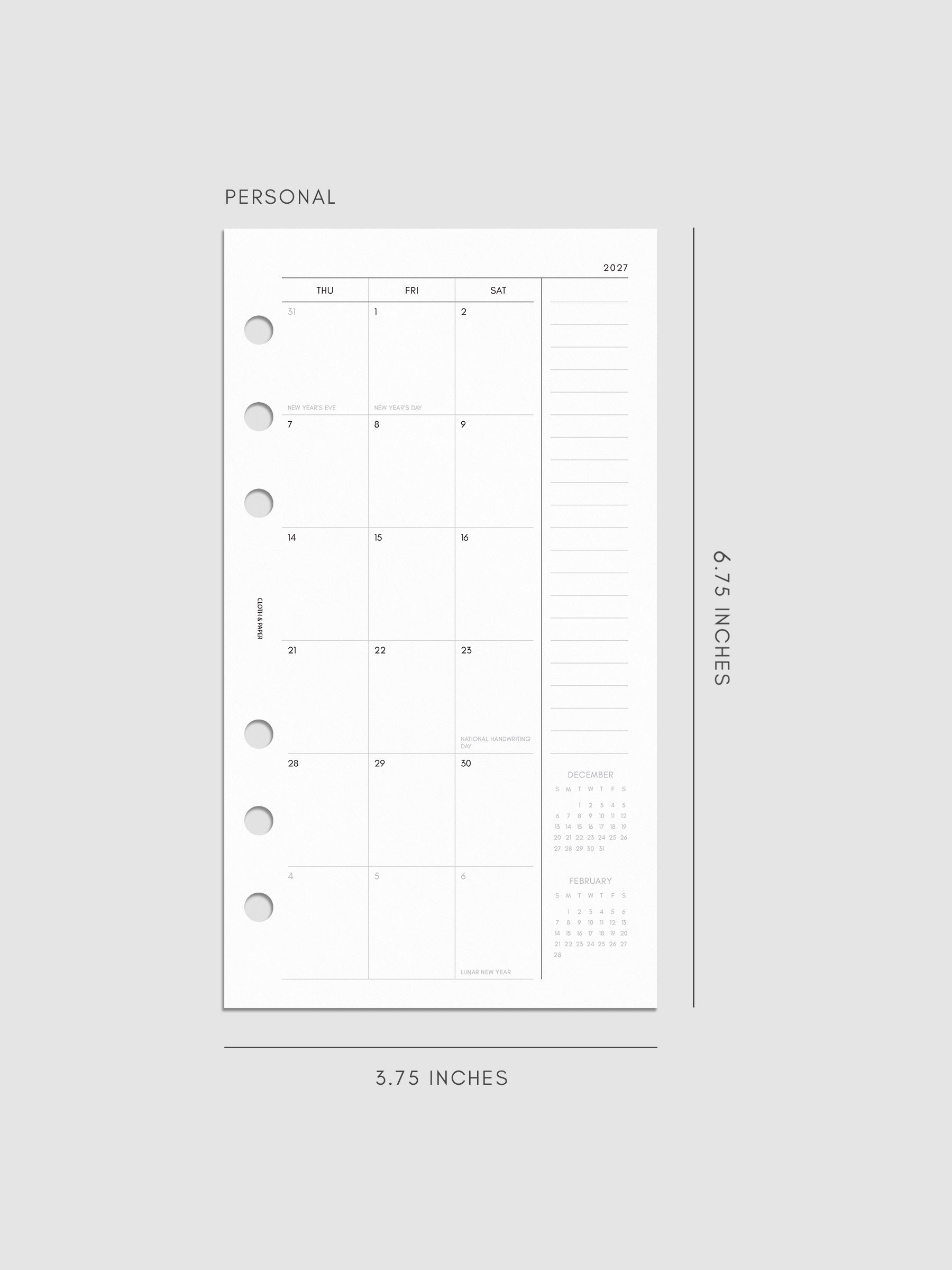 Right page of the 2027 Dated Monthly Sunday Start insert in Personal 6-Ring Punch size, showing the dated calendar grid with a notes column and mini calendars in the bottom right corner