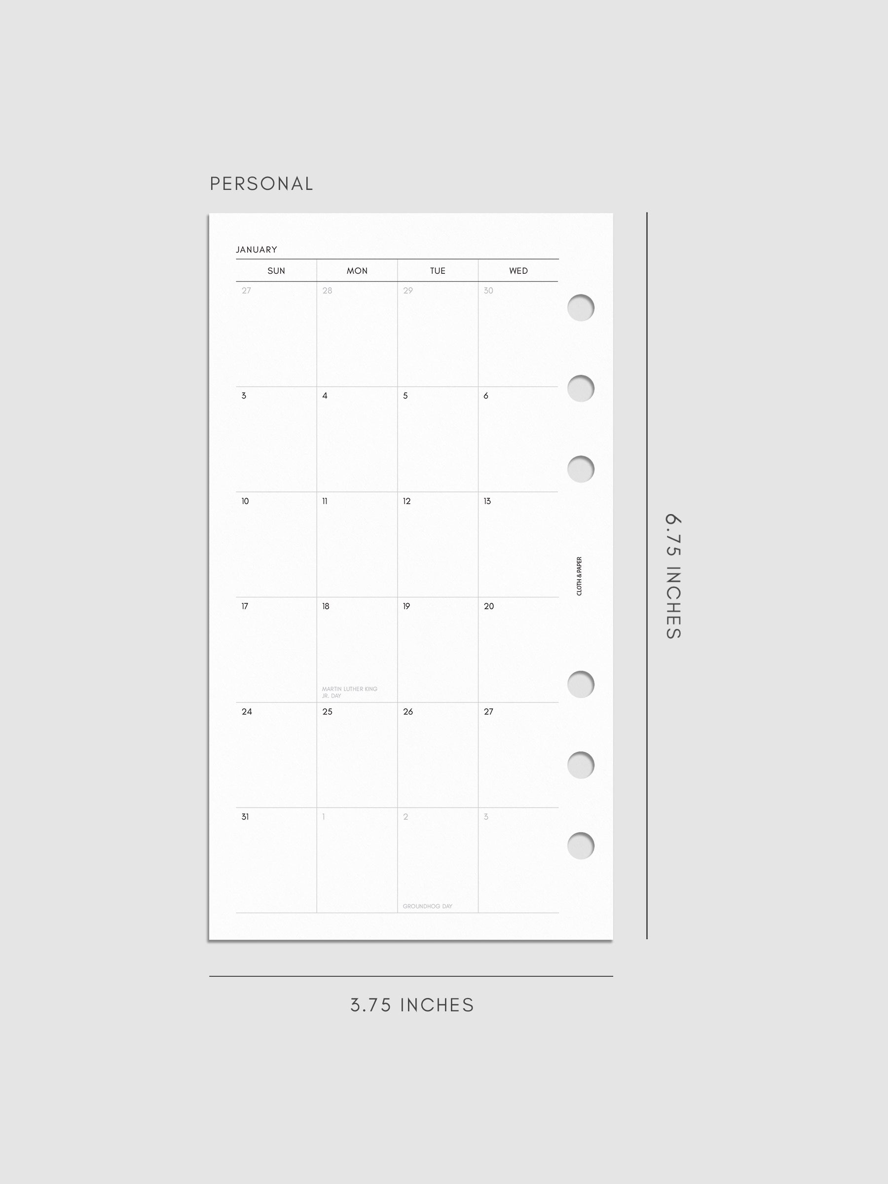 Left page of the 2027 Dated Monthly Sunday Start insert in Personal 6-Ring Punch size, showing the dated calendar grid