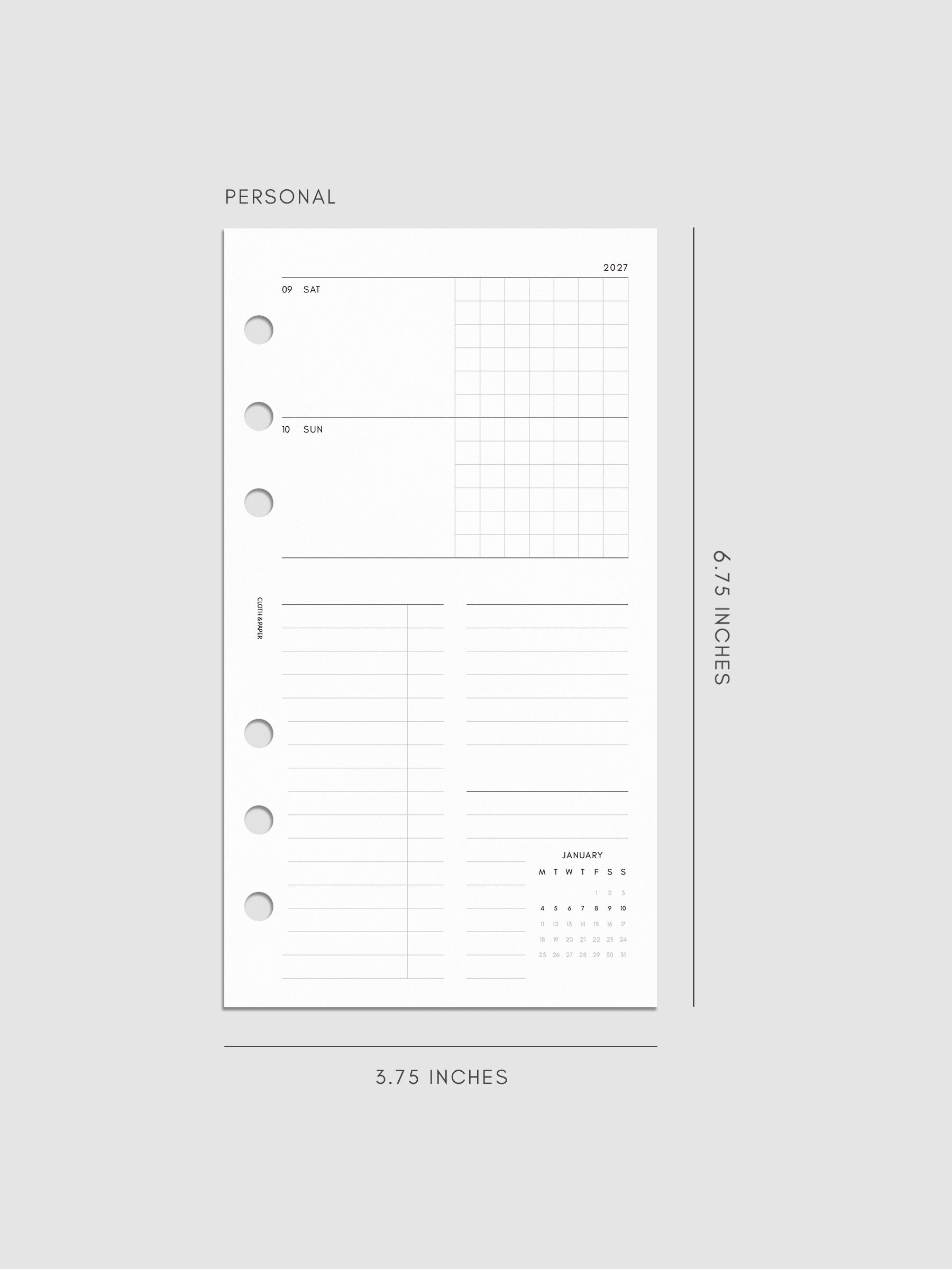 Mockup of the 2027 Dated Weekly Horizontal Planner Inserts | Monday Start's right page shown in size Personal 6-Ring Punch.