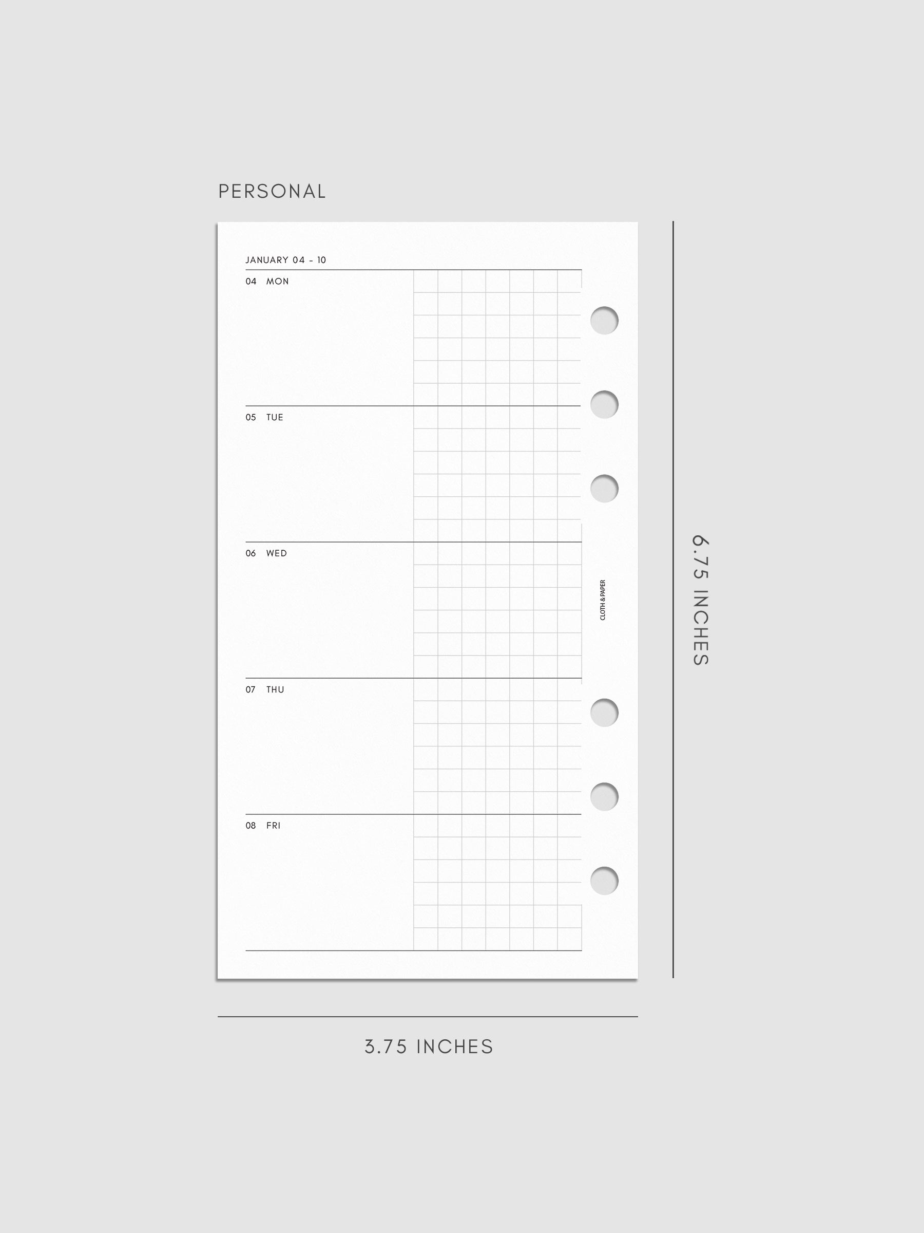 Mockup of the 2027 Dated Weekly Horizontal Planner Inserts | Monday Start's left page shown in size Personal 6-Ring Punch.