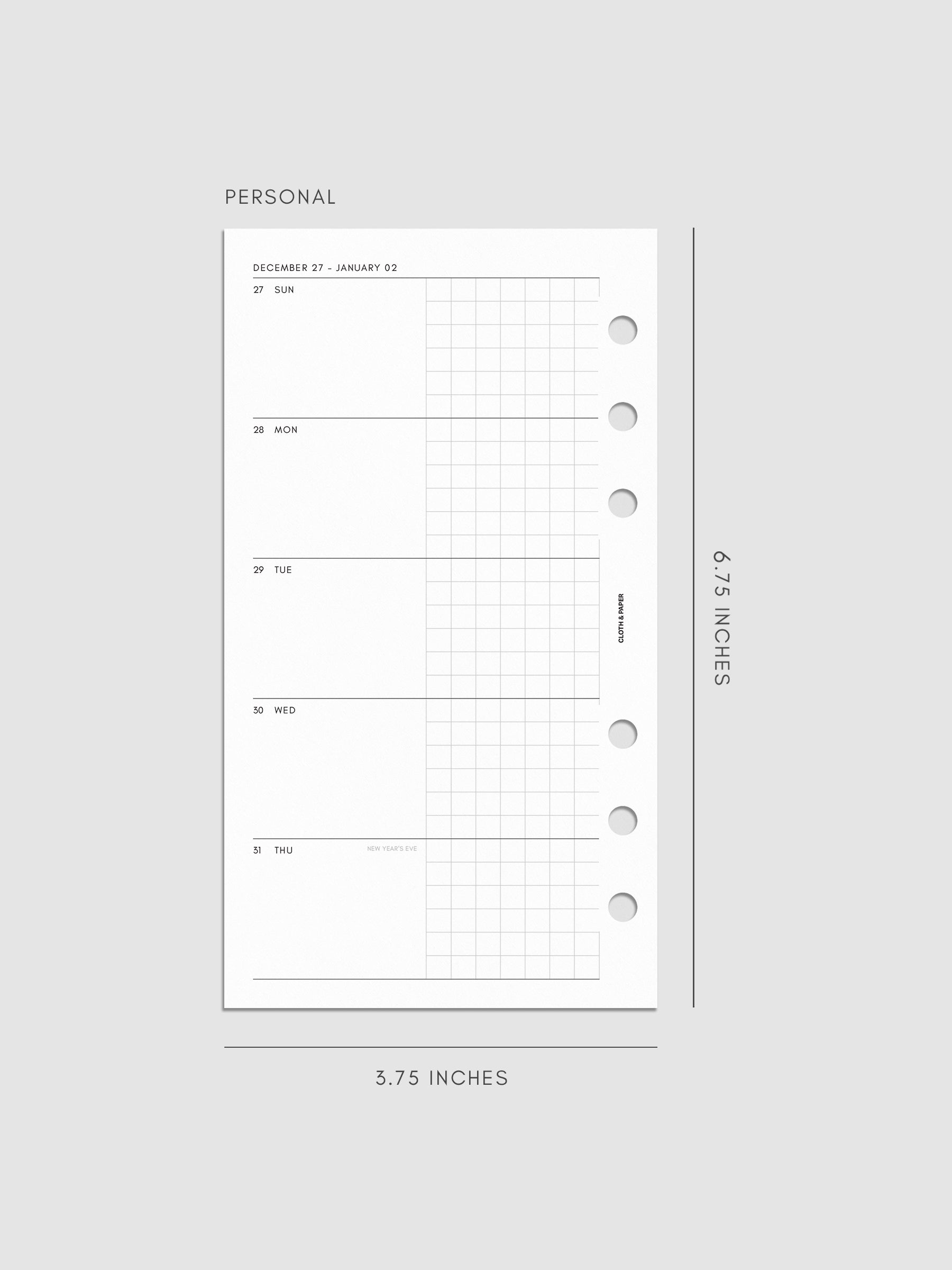 Mockup of the 2027 Dated Weekly Horizontal Planner Inserts | Sunday Start left page shown in size Personal 6-Ring Punch