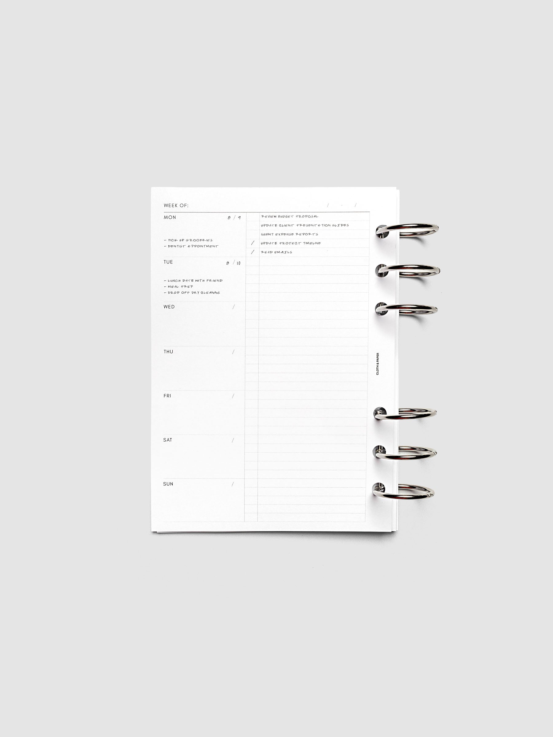 Weekly Checklist Inserts shown ring bound in size Personal Wide.