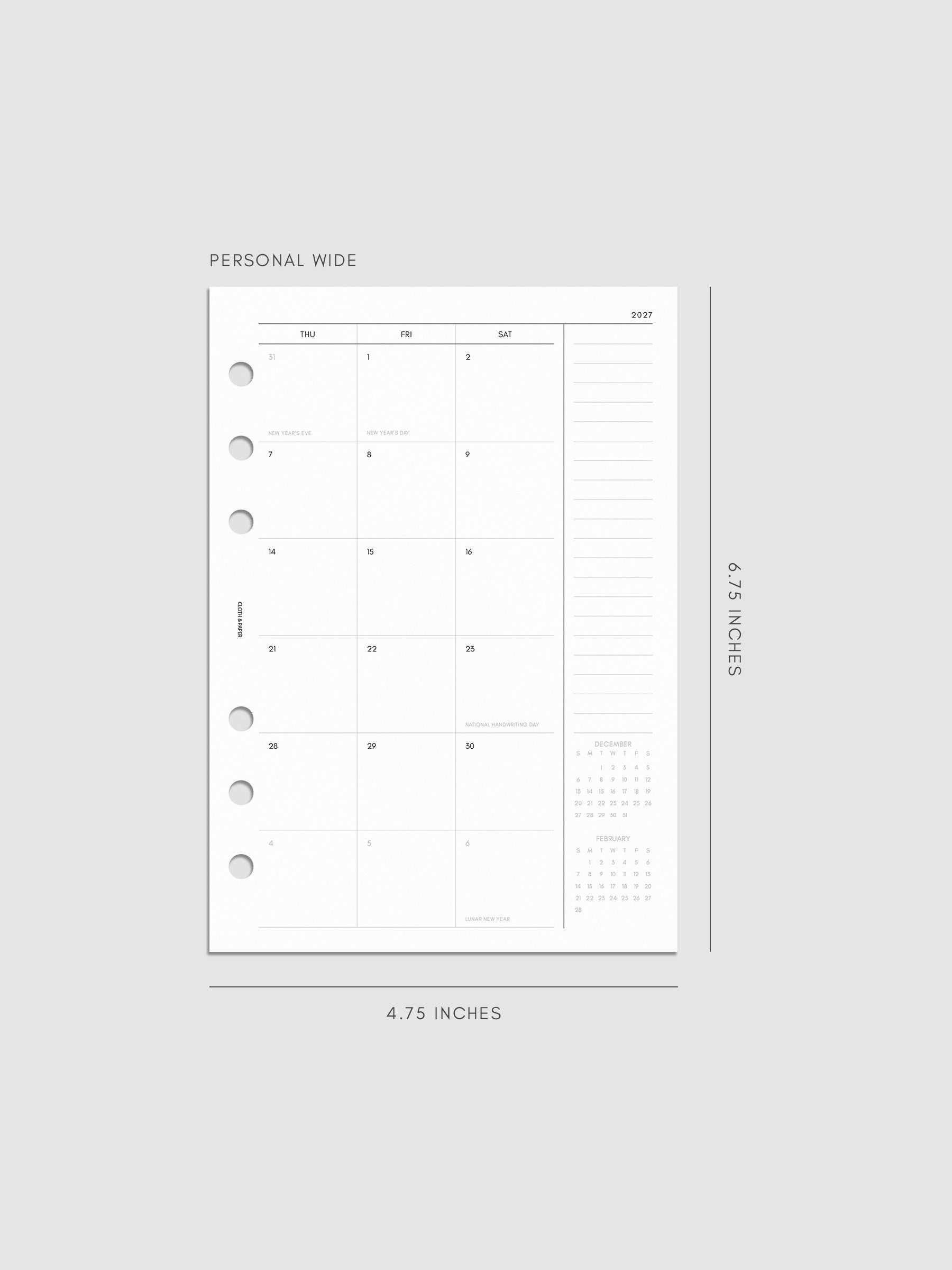Right page of the 2027 Dated Monthly Sunday Start insert in Personal Wide 6-Ring Punch size, showing the dated calendar grid with a notes column and mini calendars in the bottom right corner