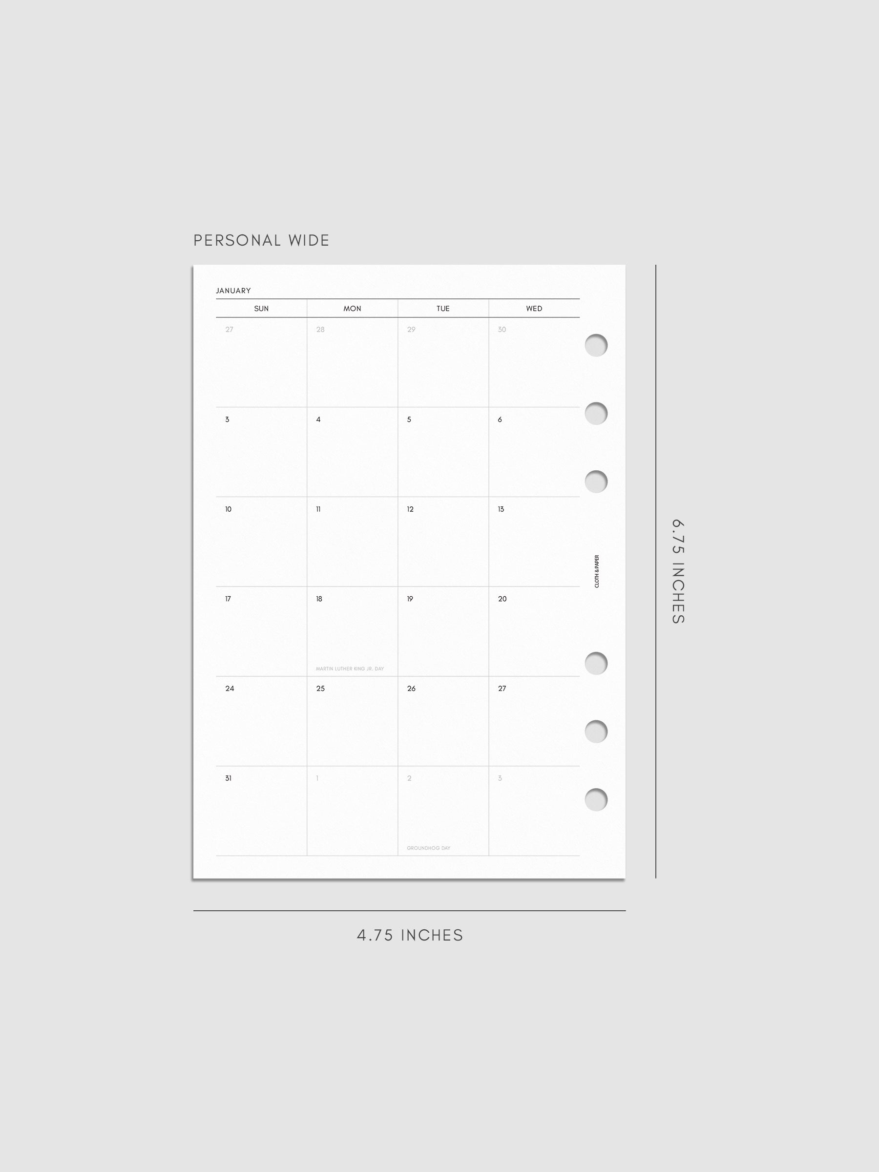 Left page of the 2027 Dated Monthly Sunday Start insert in Personal Wide 6-Ring Punch size, showing the dated calendar grid