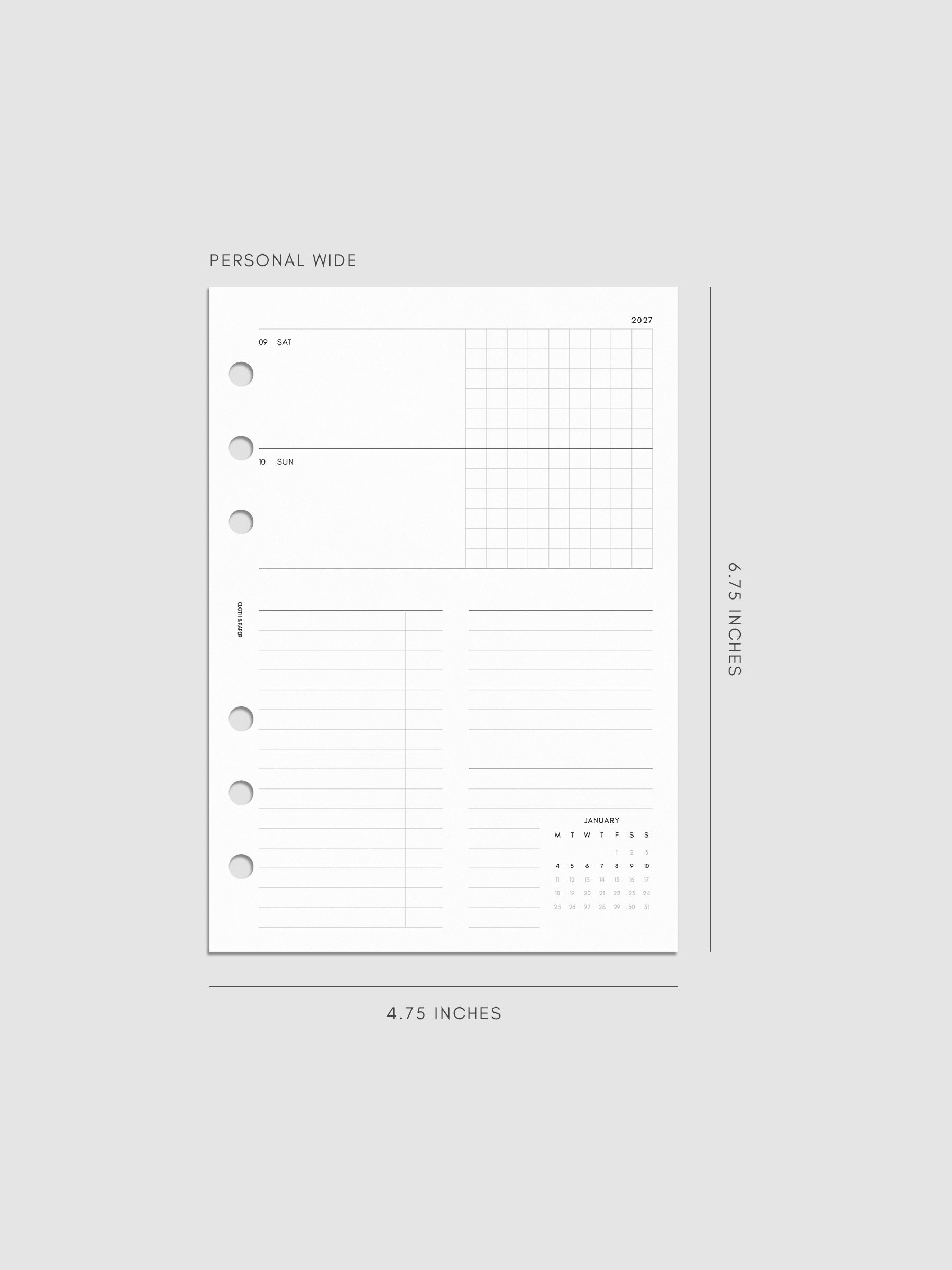 Mockup of the 2027 Dated Weekly Horizontal Planner Inserts | Monday Start's right page shown in size Personal Wide 6-Ring Punch.