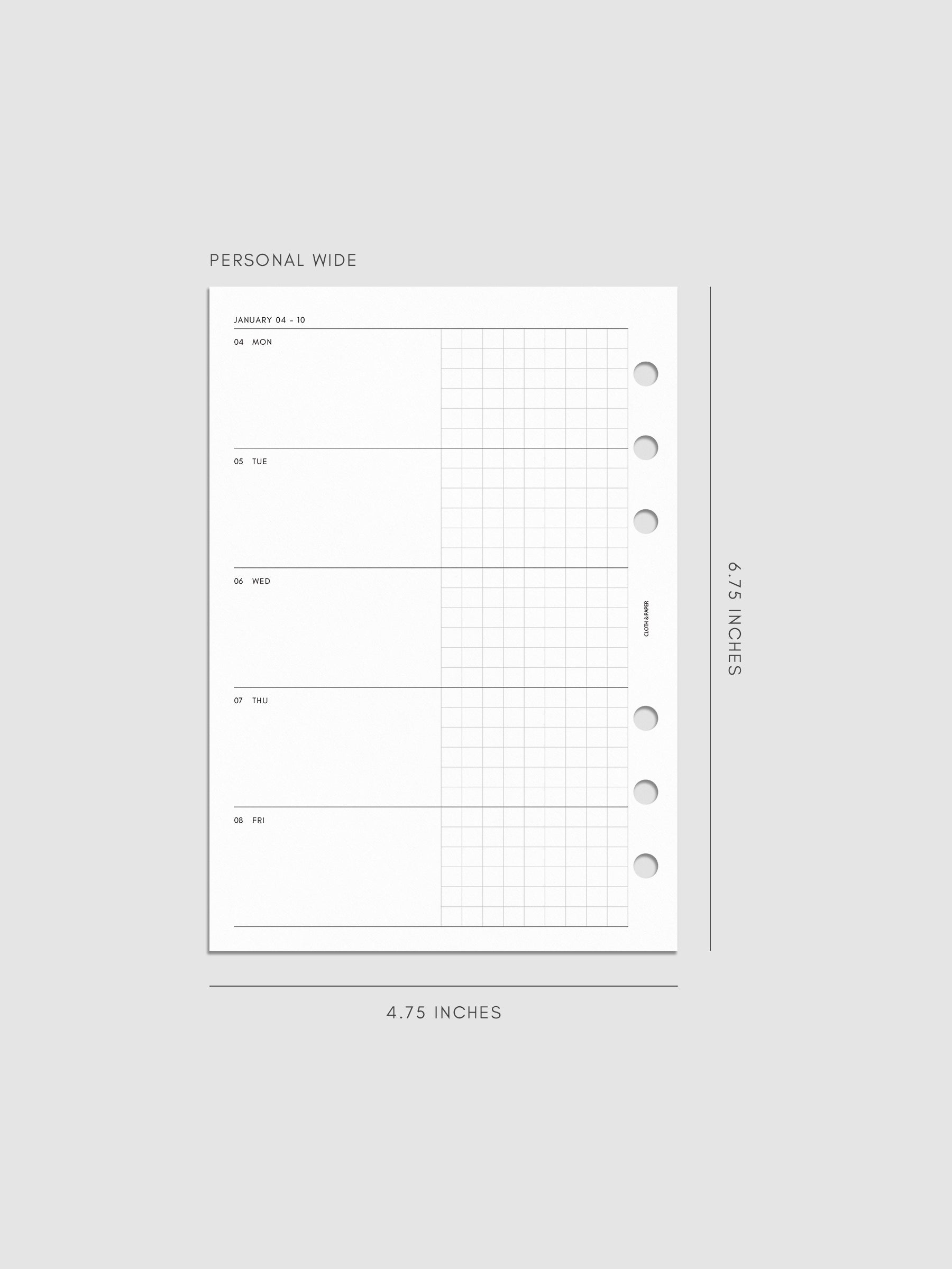 Mockup of the 2027 Dated Weekly Horizontal Planner Inserts | Monday Start's left page shown in size Personal Wide 6-Ring Punch.