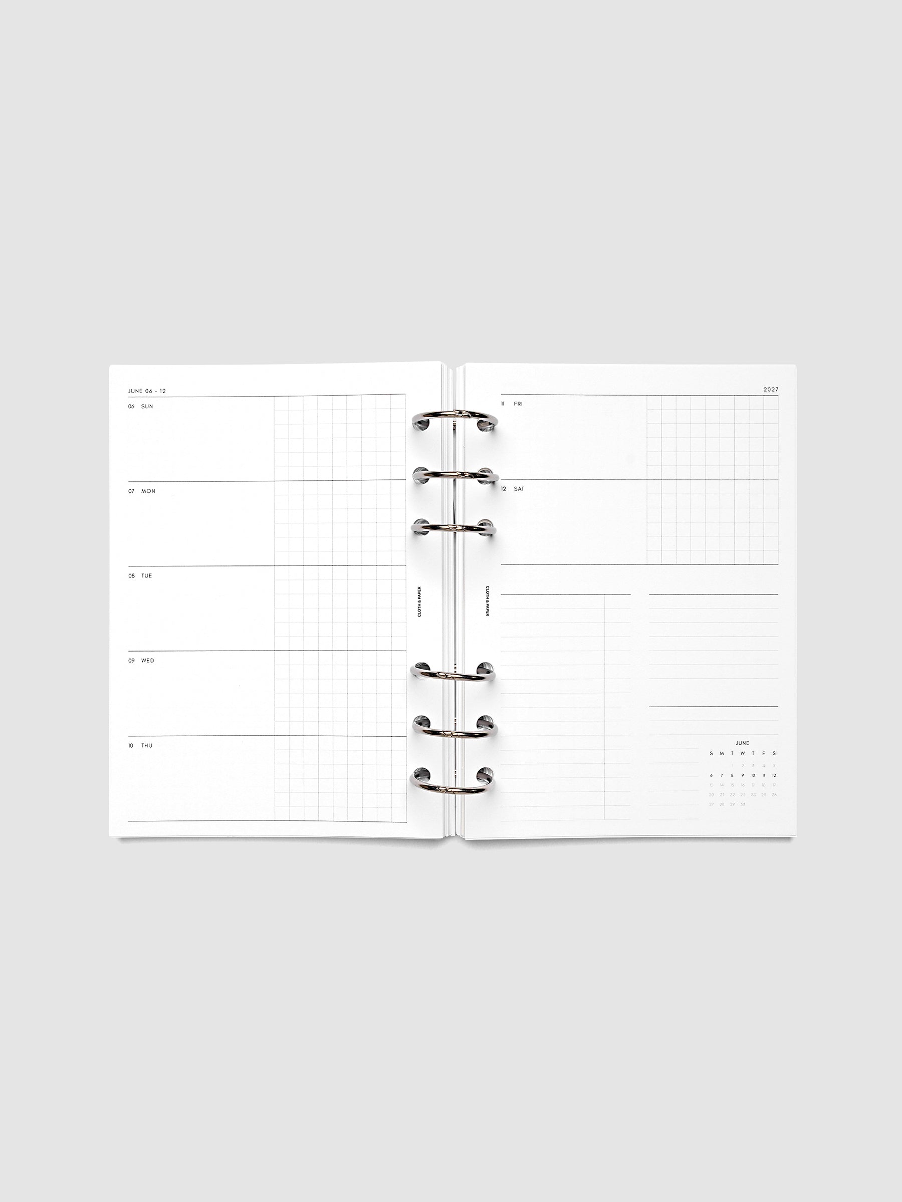 2027 Dated Weekly Horizontal Planner Inserts, Sunday Start, Personal Wide 6-Ring Punch, full week-on-two-pages horizontal spread showing each day split into open and graph columns, with tasks column, notes column, and mini monthly calendar on the right page, shown inside a planner