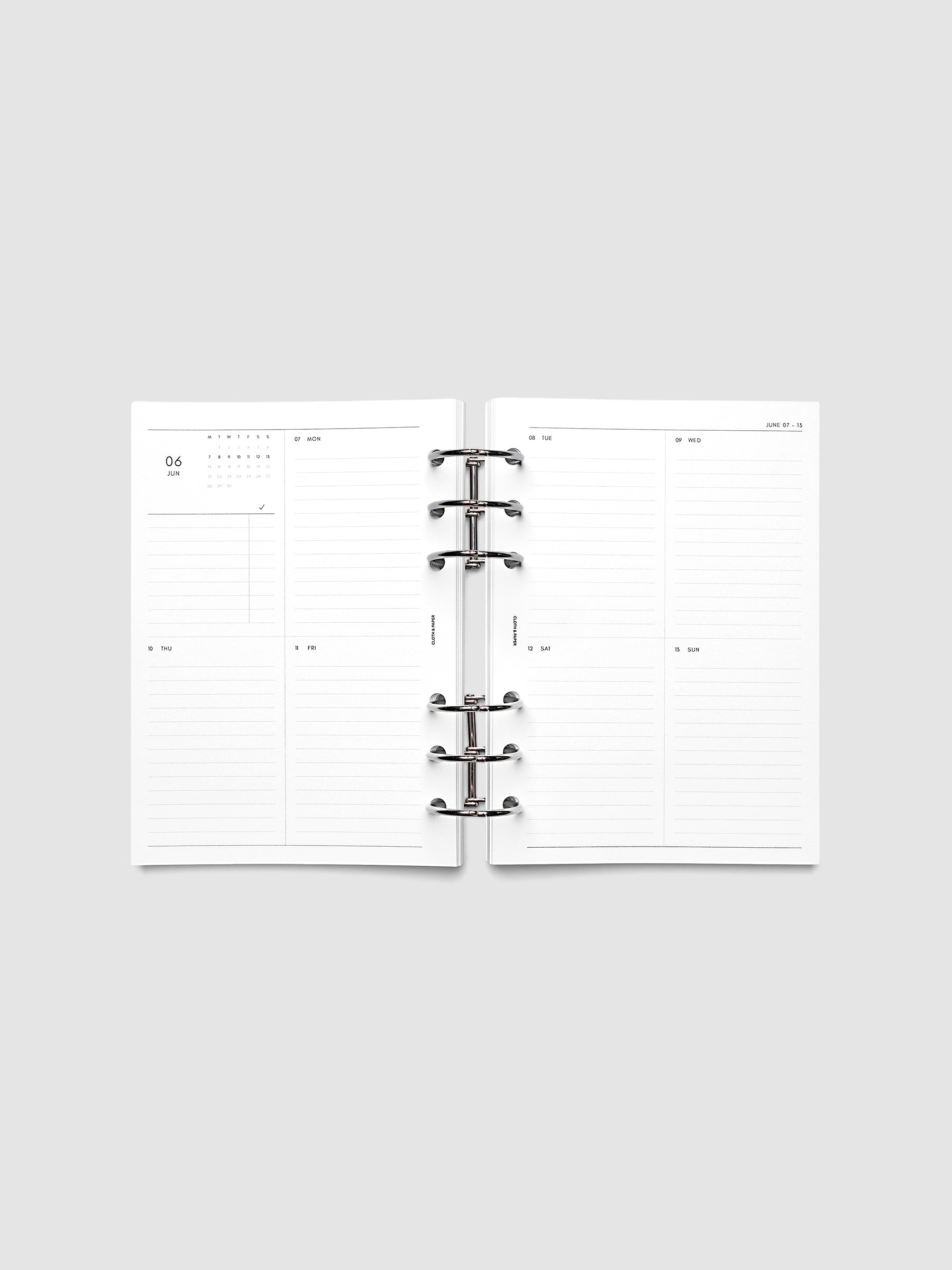 Both pages inside planner: 2027 Dated Weekly Vertical Planner Inserts, Monday Start, Personal Wide 6-Ring Punch, full week-on-two-pages spread showing a two-column two-row daily grid with lined sections, mini monthly calendar and task list in the top left, shown inside a planner
