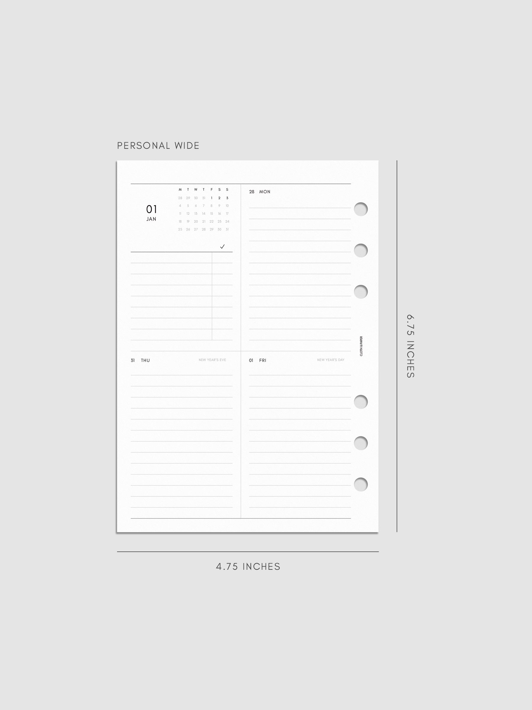 2027 Dated Weekly Vertical Planner Inserts, Monday Start, Personal Wide 6-Ring Punch, left page of weekly spread showing a two-column two-row daily grid with mini monthly calendar and task list alongside Monday and lined sections throughout