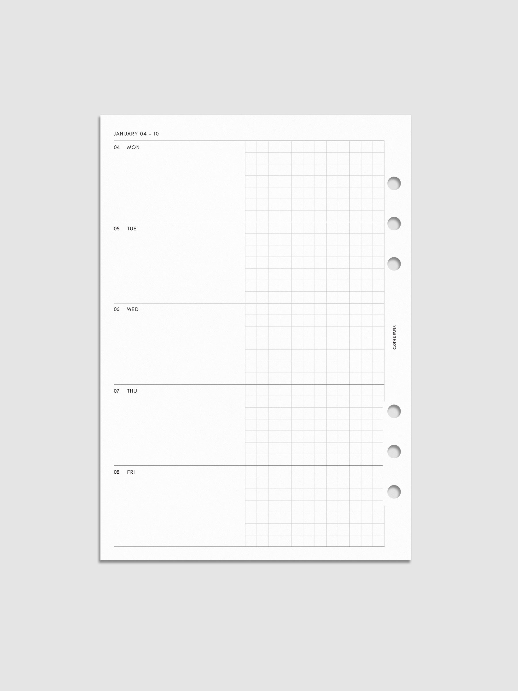 Mockup of the 2027 Dated Weekly Horizontal Planner Inserts | Monday Start's left page shown in size A5 6-Ring Punch.