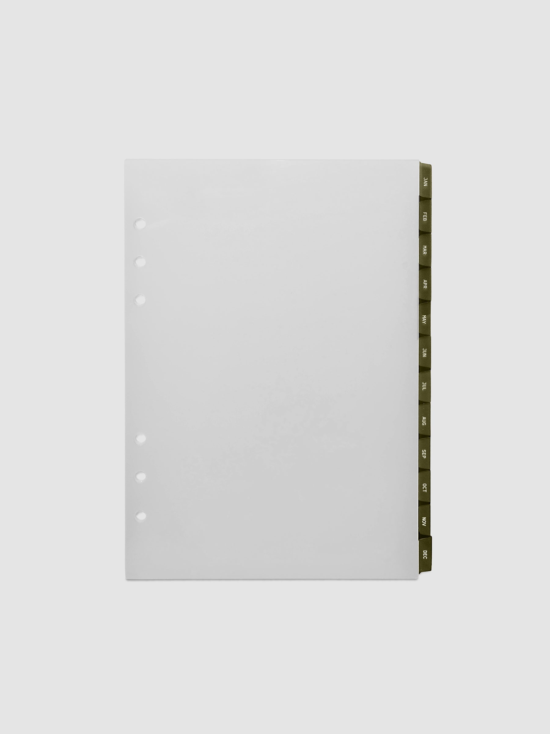 A5 6-Ring Punch Ultra-Thin Monthly Dividers in olive green, set of 12 dividers fanned to show all months
