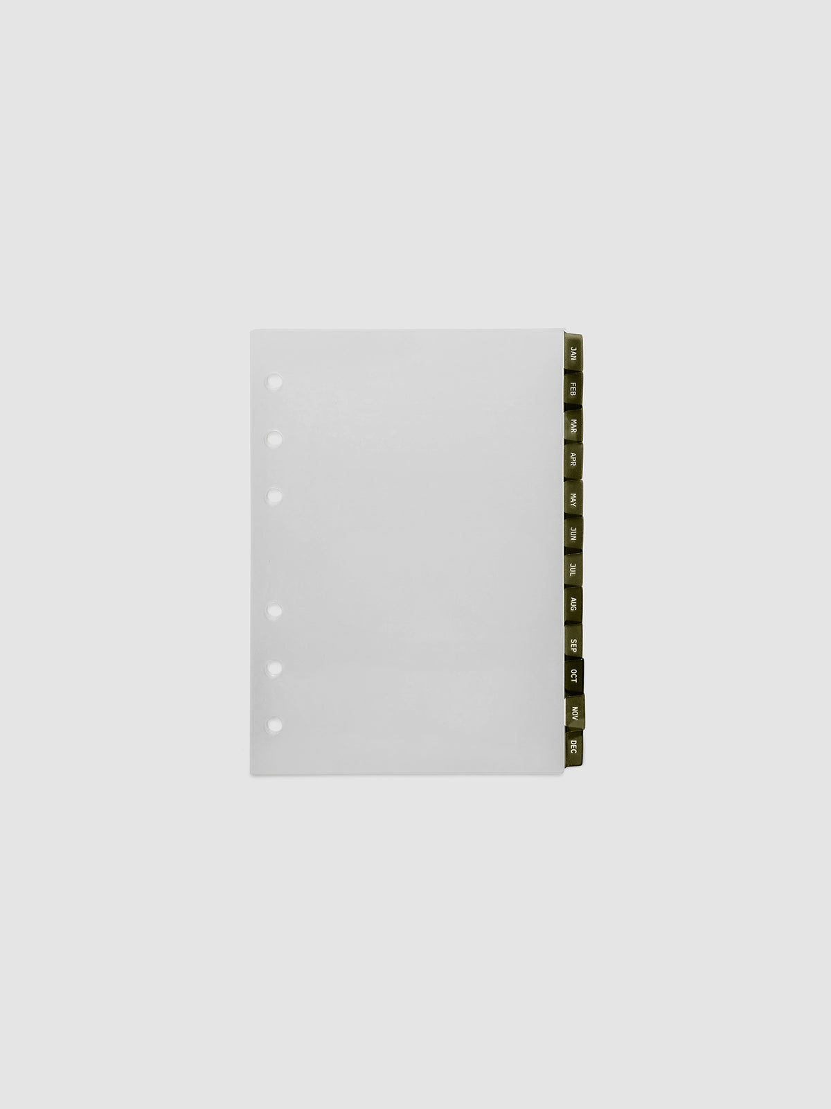 A6 6-Ring Punch Ultra-Thin Monthly Dividers in olive green, set of 12 dividers fanned to show all months