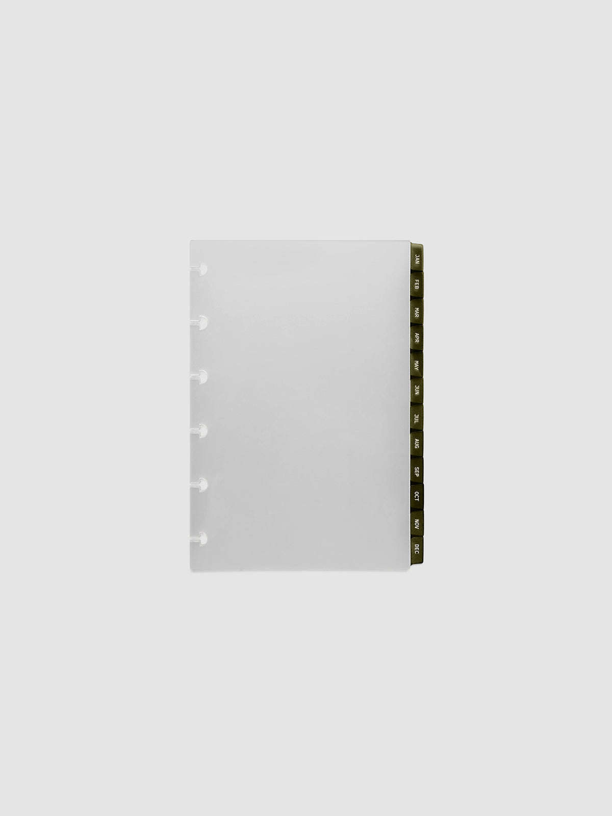 CP Petite 6-Disc Punch Ultra-Thin Monthly Dividers in olive green, set of 12 dividers fanned to show all months